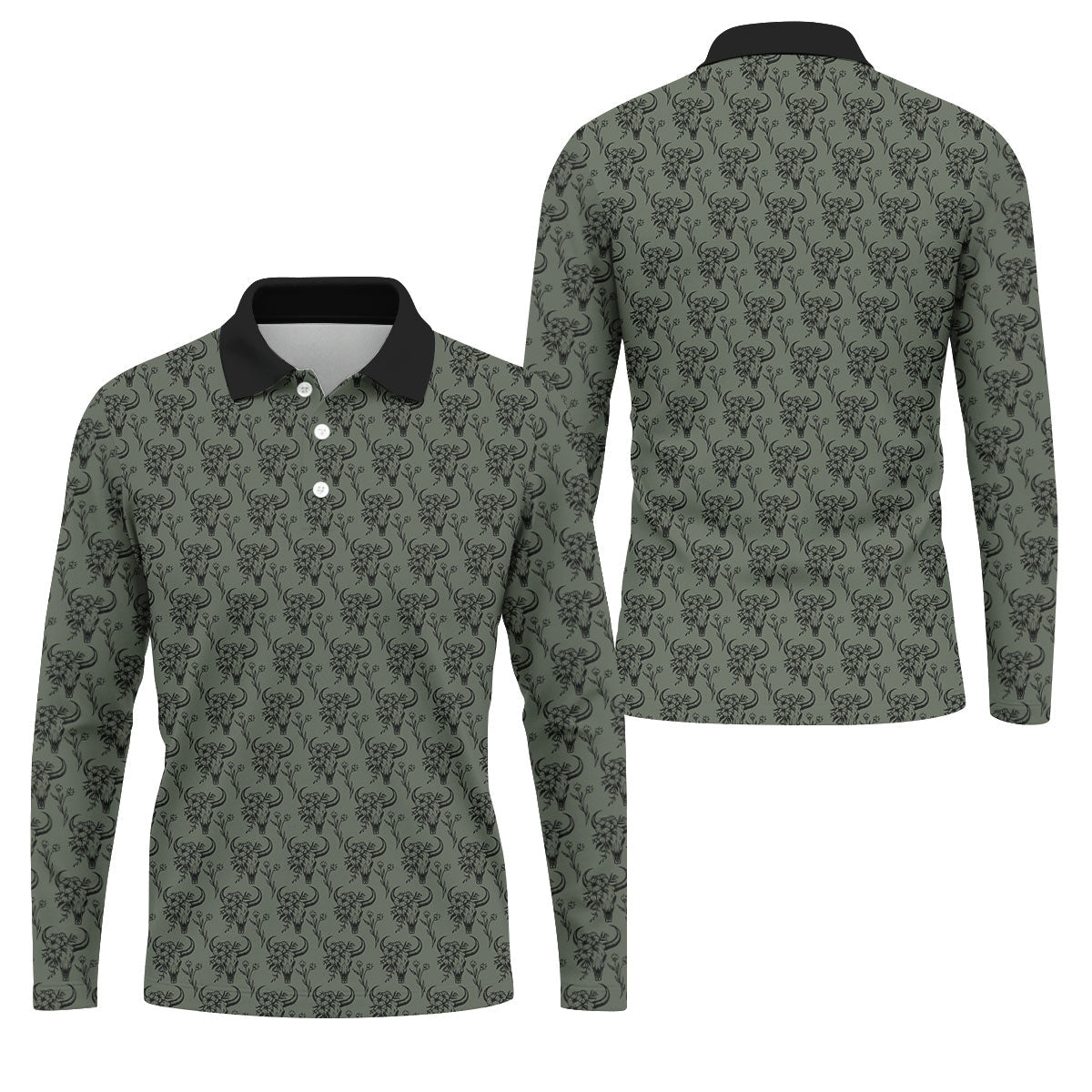 Cow Skull With Flowers Western Theme Forest Green Golf Tops For Men, Polo ShirtFor Men, Golf Shirts For Men