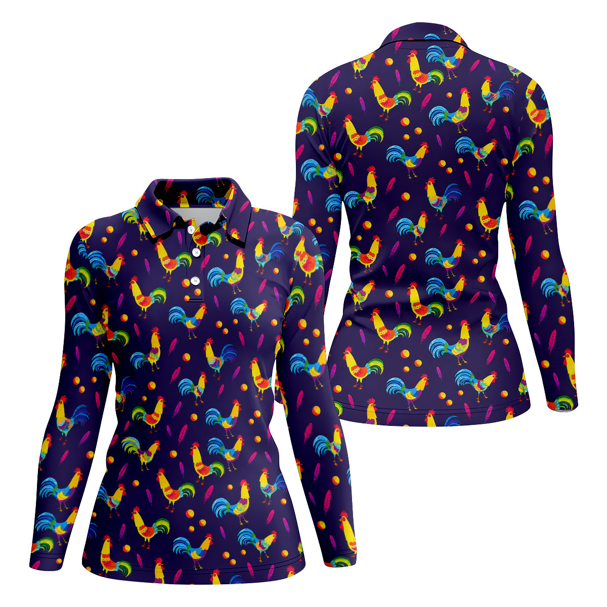 Retro Rooster Golf Shirt, Colorful Country Pattern Polo, Polo Shirts For Women