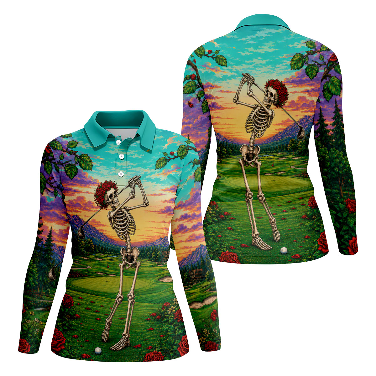 Skeleton Golfer Sunset Golf Course Shirt, Women's Golf Apparel, Halloween Golf Shirt