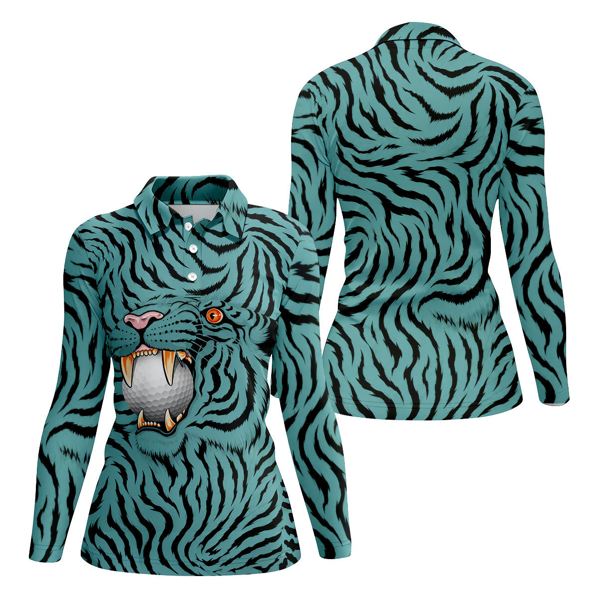 Funny Striped Tiger Biting Golf Ball Polo Shirt, Golf Tops For Women, Women’s Golf Apparel
