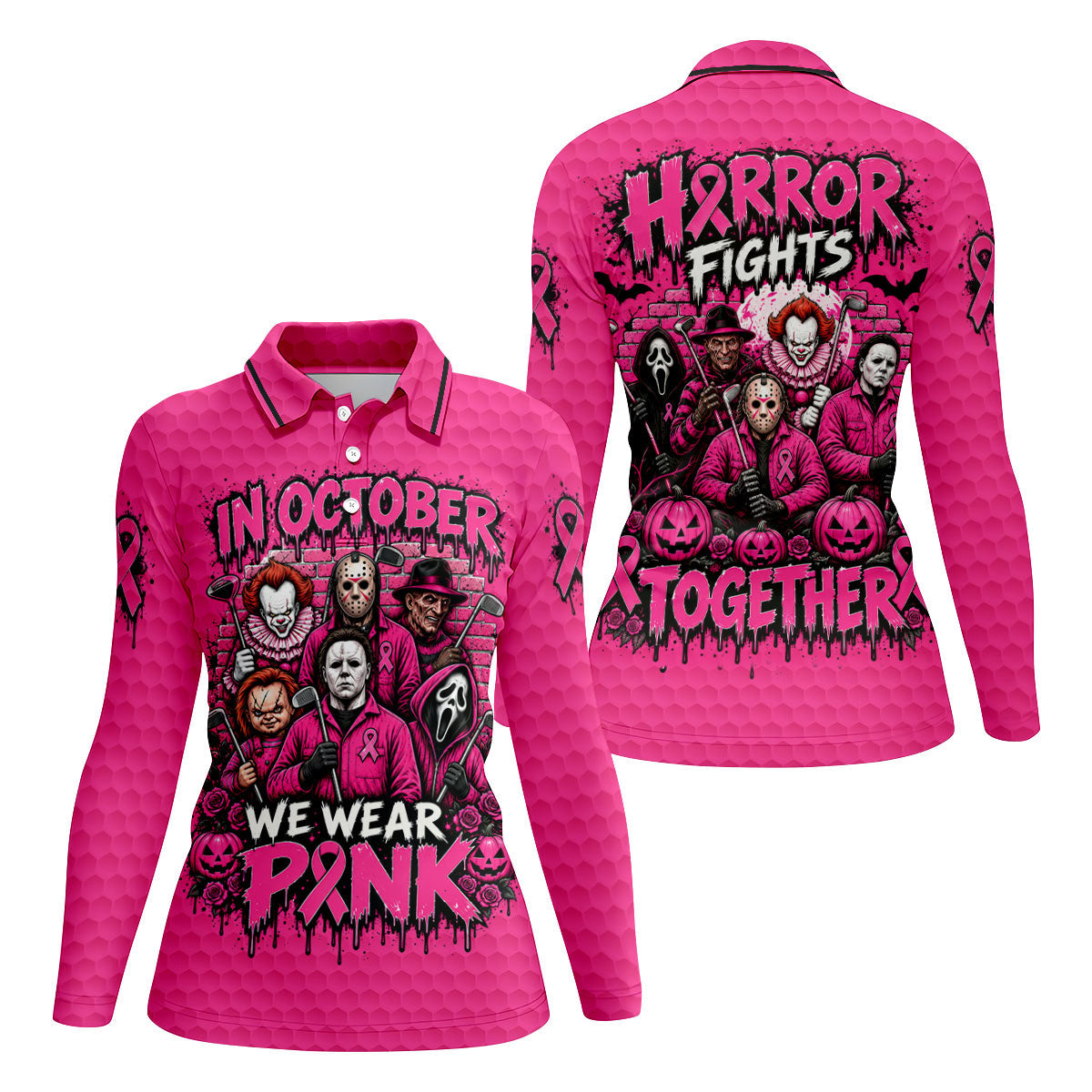 Horror Fights Together Pink Ribbon Polo Shirt, Golf Tops For Women, Women’s Golf Apparel