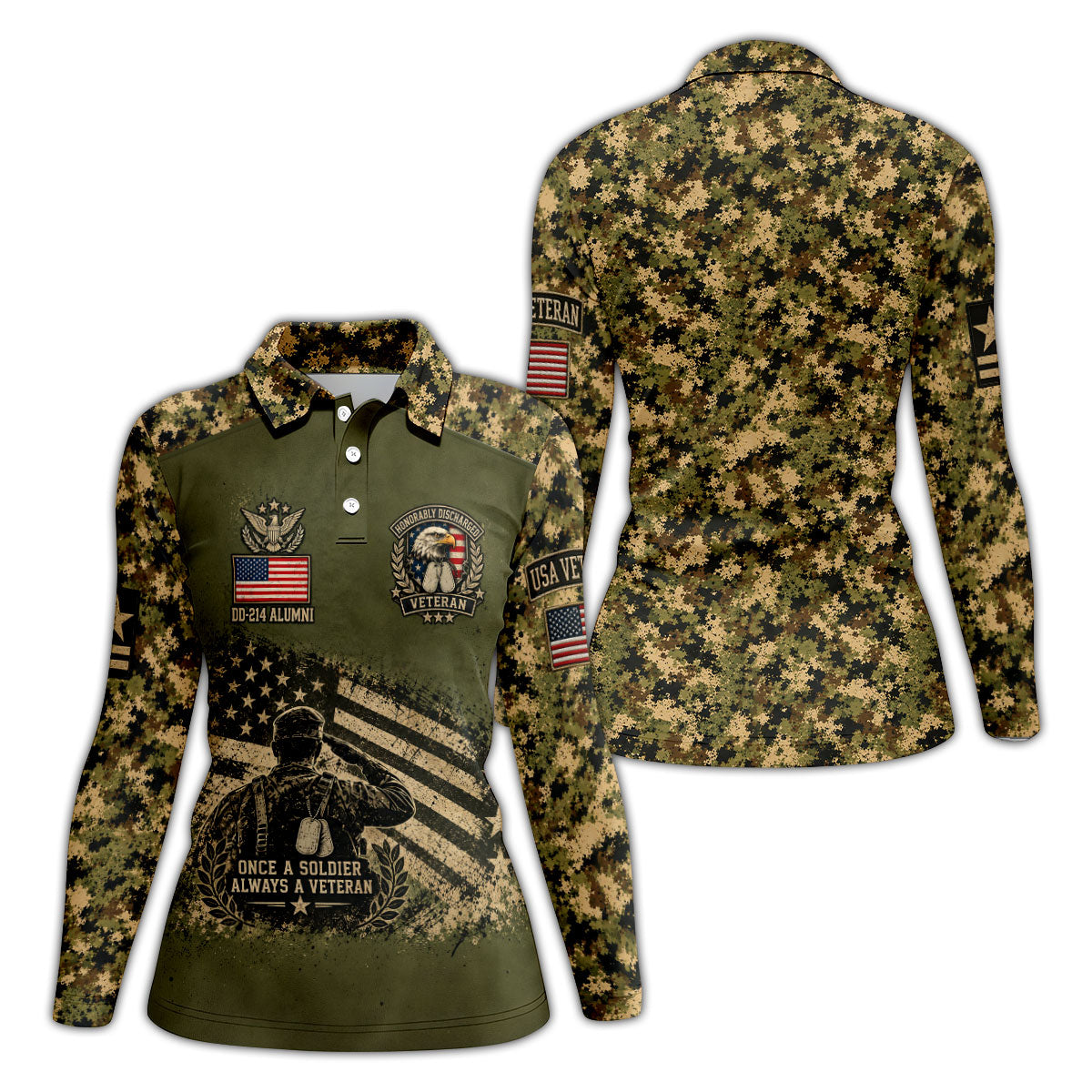 DD-214 Soldier Flag Camo Golf Polo Shirt, Women Golf Shirts, Veterans Day Golf Shirt