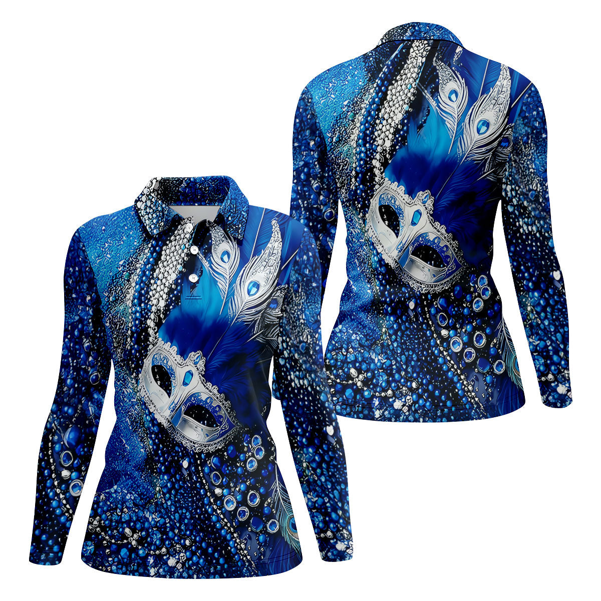 Mardi Gras Masquerade Mask Feather Beads Blue Golf Shirt, Women's Golf Tops, Ladies Golf Polos