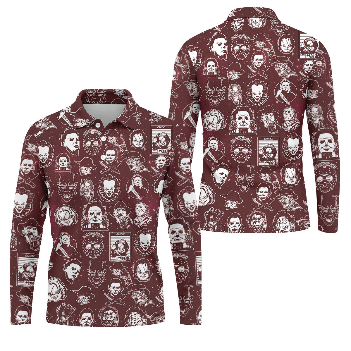 Vintage Halloween Horror Character Pattern Golf Shirt, Men's Golf Shirt, Hawaiian Golf Shirt