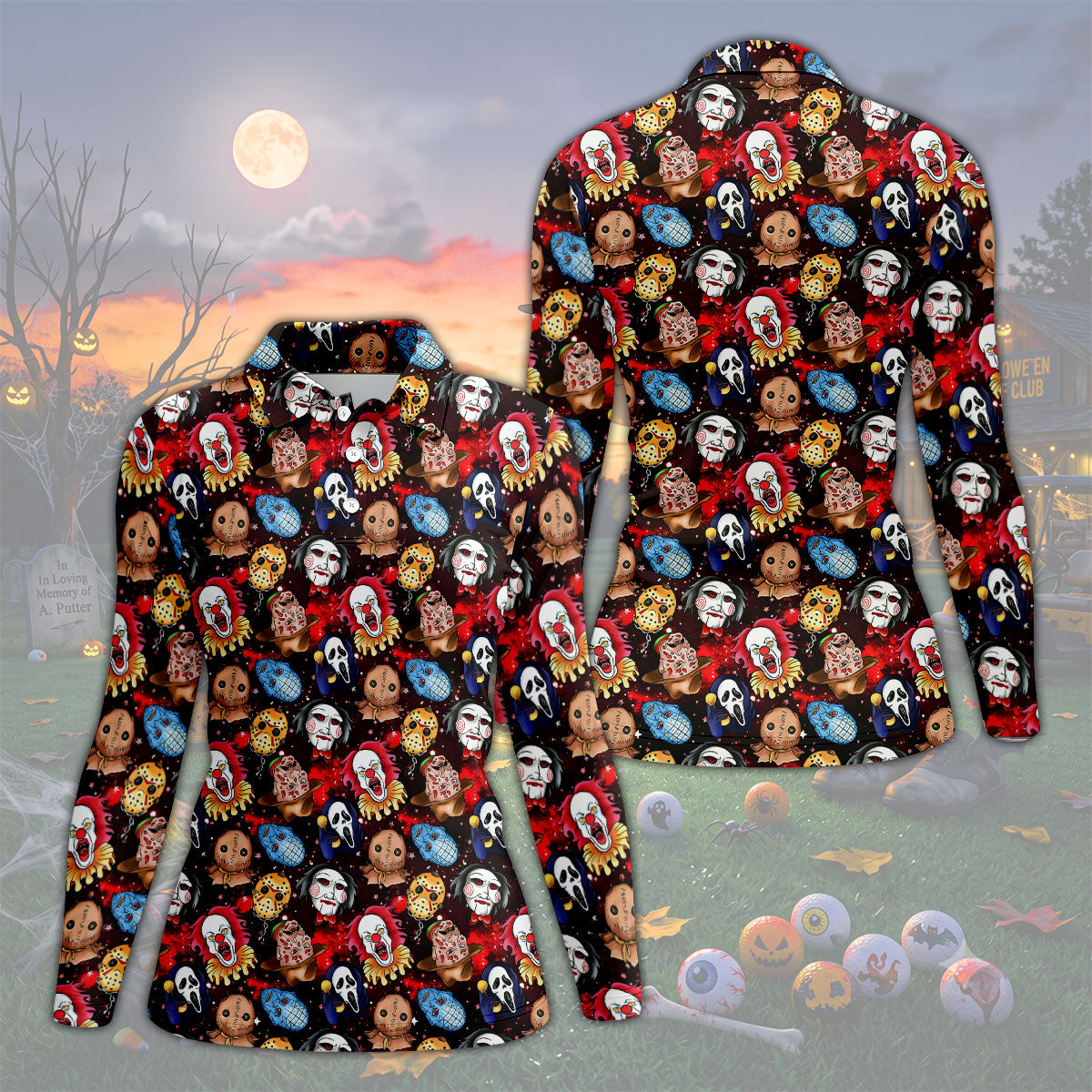 Red Galaxy Horror Character Pattern Halloween Golf Shirt, Ladies Golf Shirts, Women’s Golf Apparel