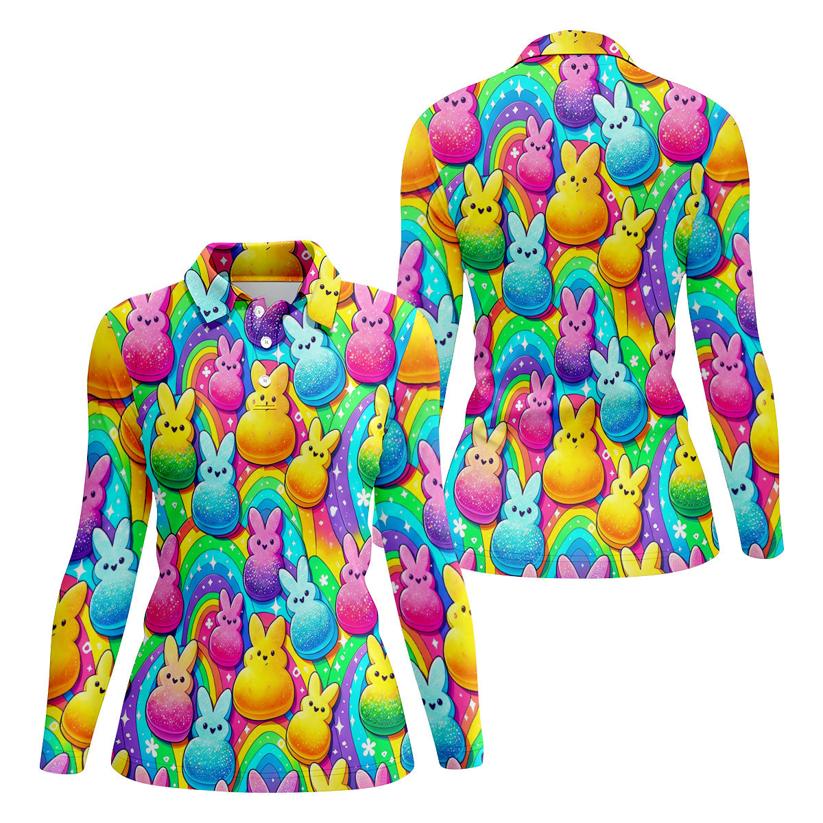 Colorful Easter Peeps Rainbow Pattern Women Golf Top, Cute Golf Outfit, Ladies Golf Shirts