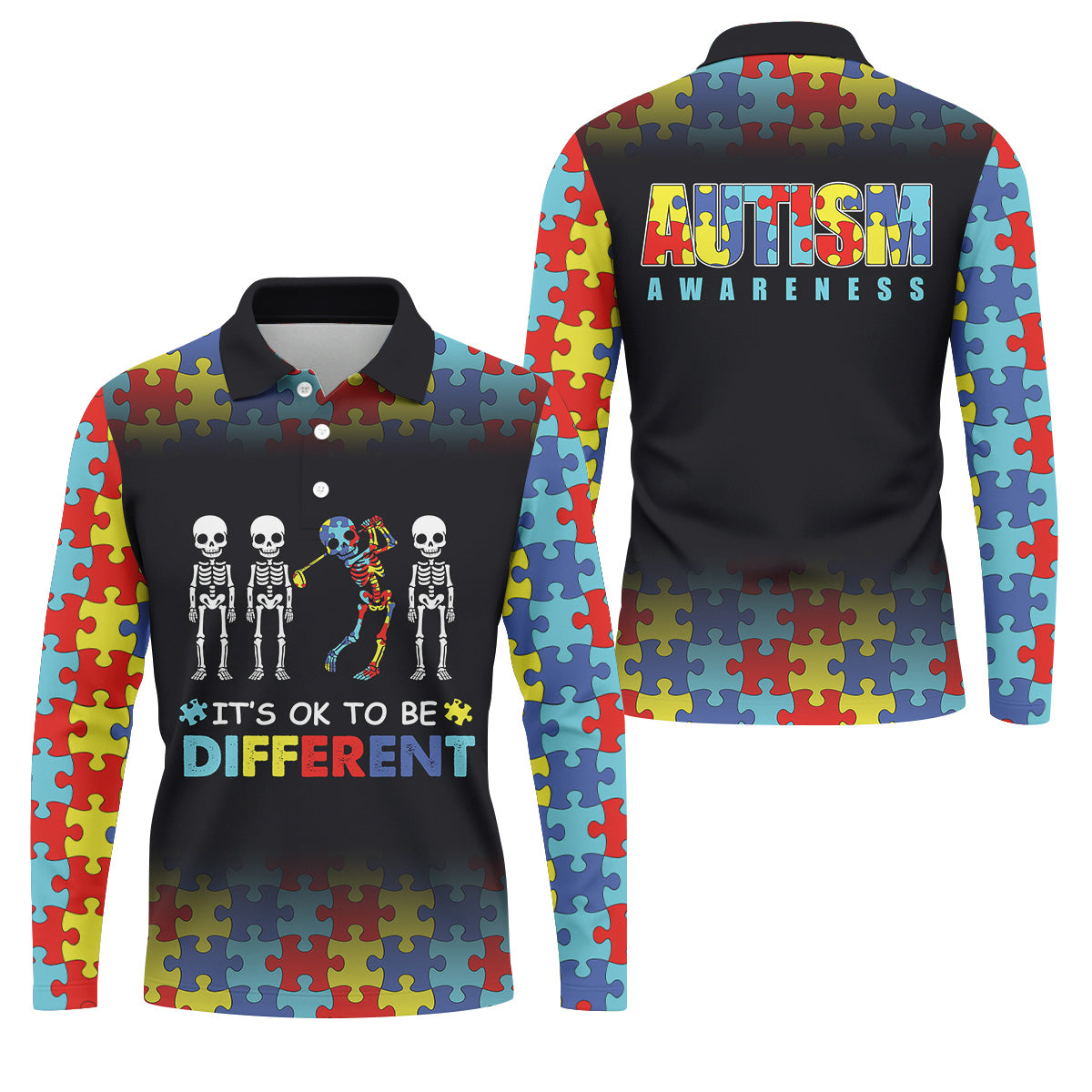 It's Ok To Be Different Men Polo ShirtAutism Awareness Puzzle Pattern Black Fade Golf Shirts For Men, Autism Golf Shirt
