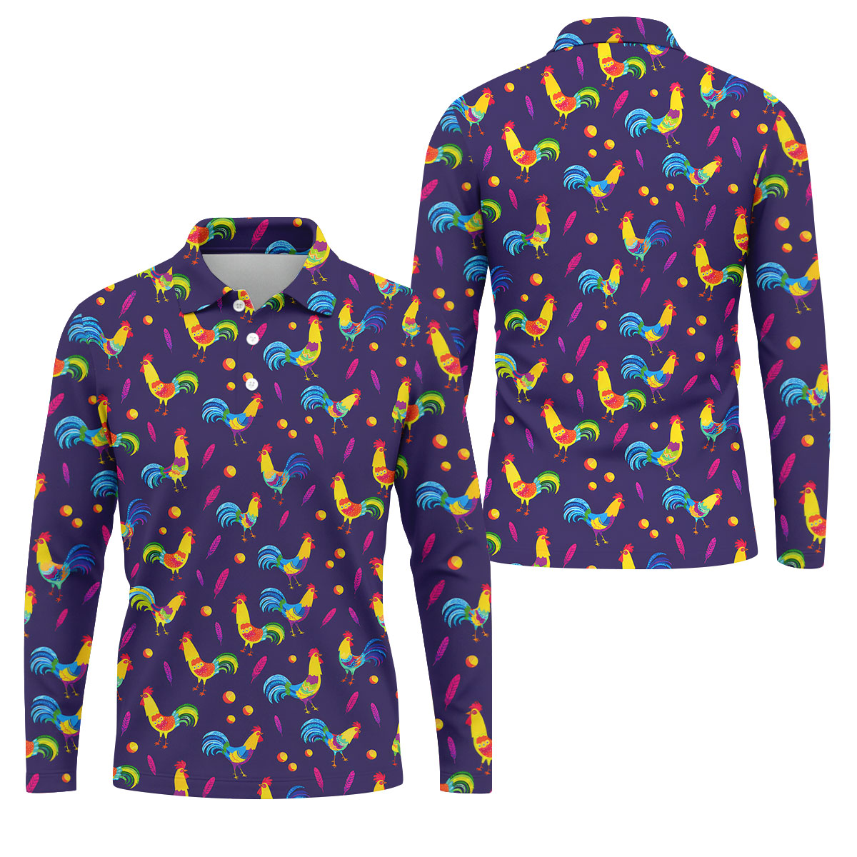 Retro Rooster Golf Shirt, Colorful Country Pattern Polo, Polo Shirts For Men