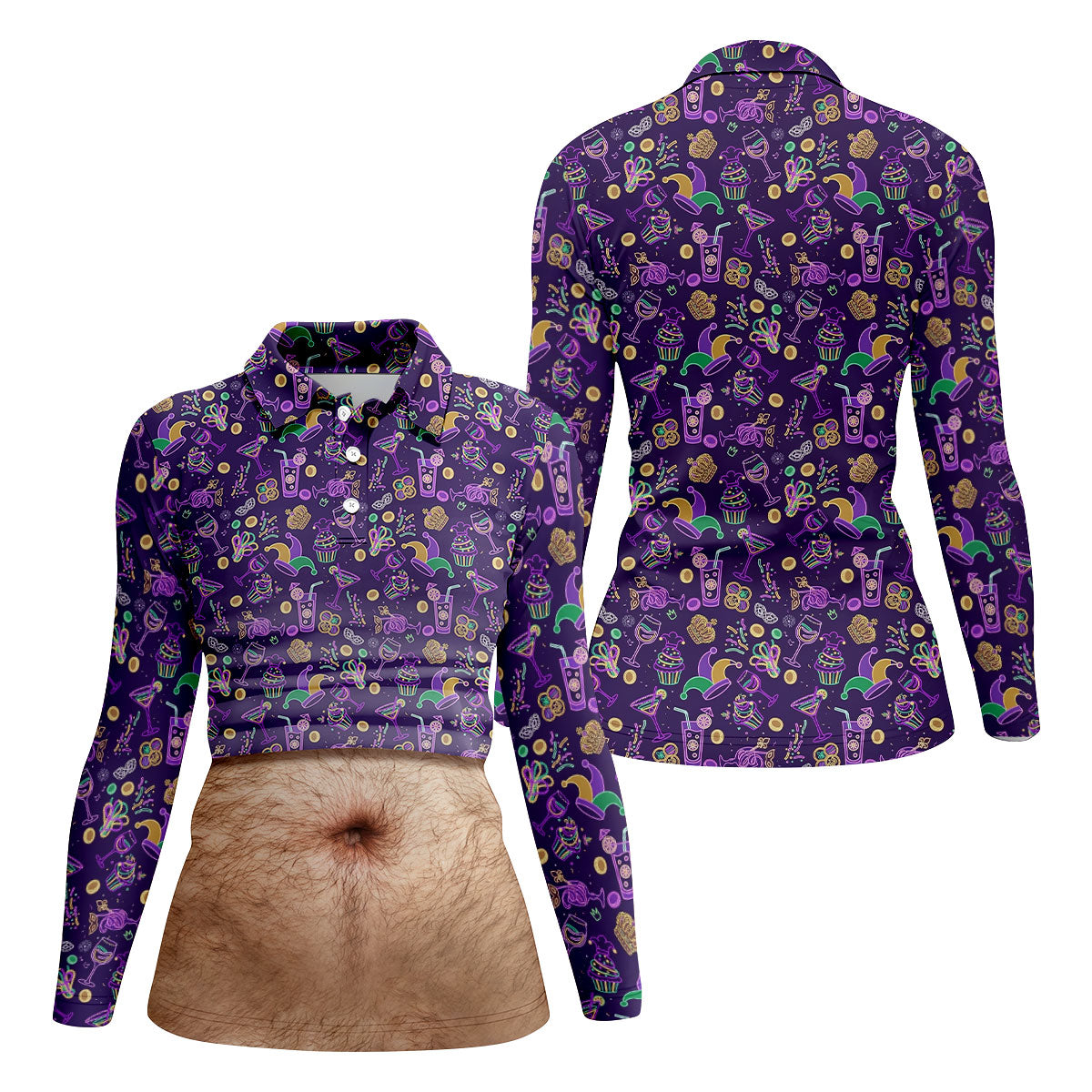 Purple Green Gold Mardi Gras Food Funny Tummy Women's Golf Tops, Fun Women's Golf Shirts, Ladies Golf Shirt