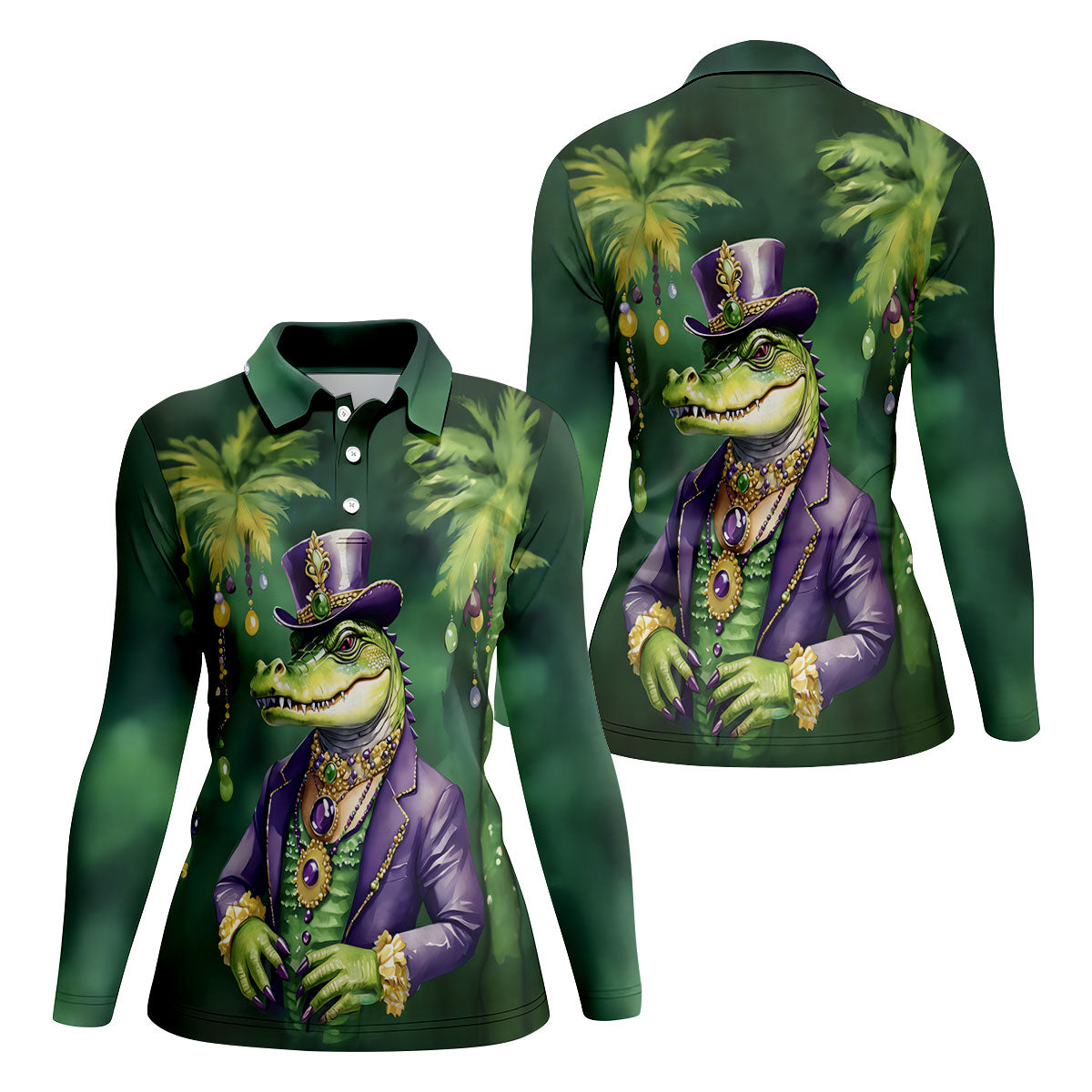 Mardi Gras Alligator Decorated Palm Tree Print Golf Shirt, Women's Golf Tops, Ladies Golf Shirt