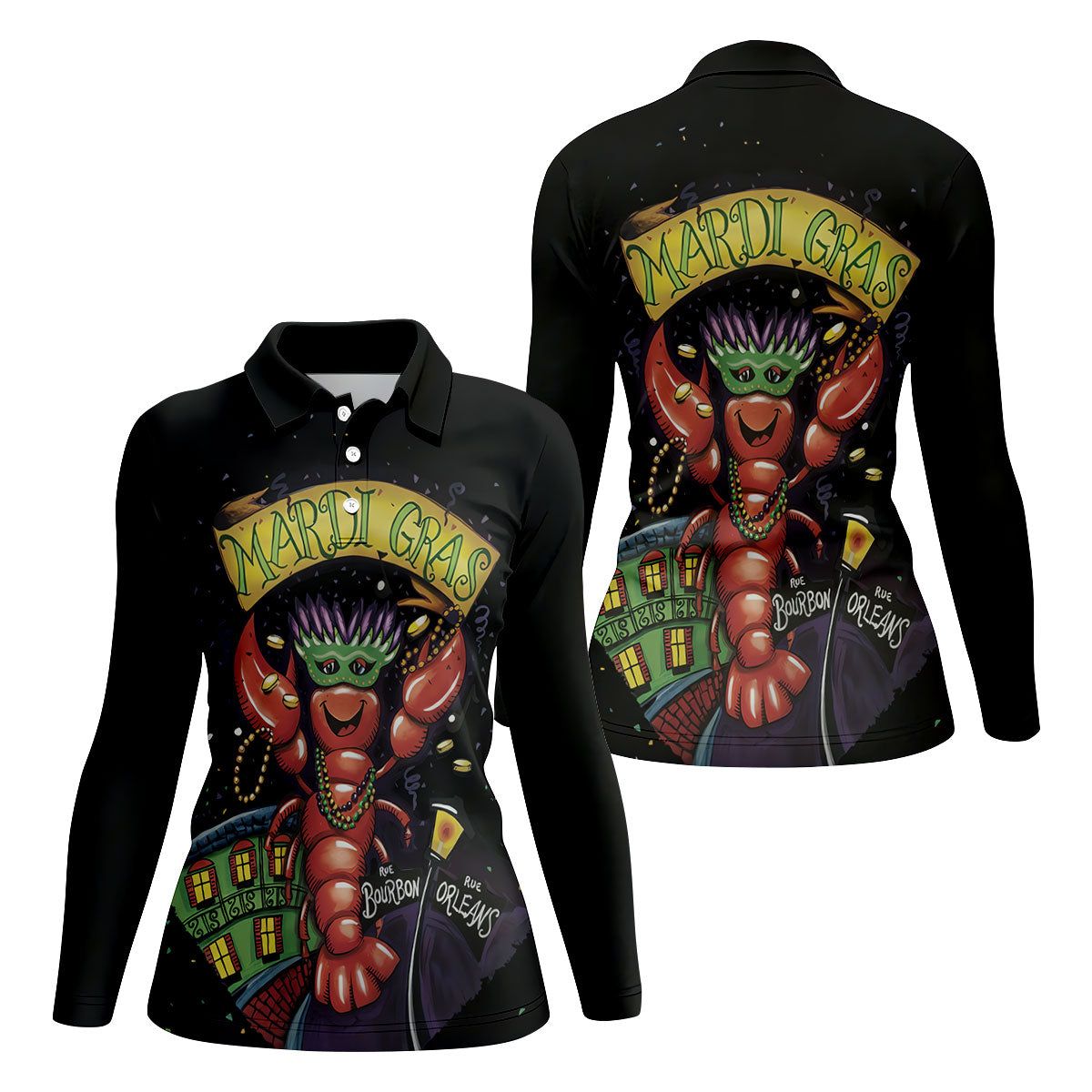 Mardi Gras Crawfish Rue Bourbon Black Golf Shirt, Women's Golf Tops, Ladies Golf Shirt