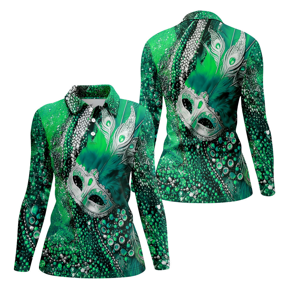 Mardi Gras Masquerade Mask Feather Beads Green Golf Shirt, Women's Golf Tops, Ladies Golf Polos