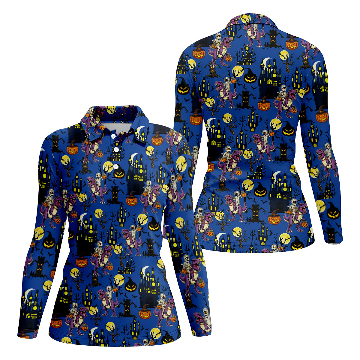 Dinosaur Mummy Pumpkin Halloween Polo Shirt, Golf Shirts For Women, Women’s Golf Apparel