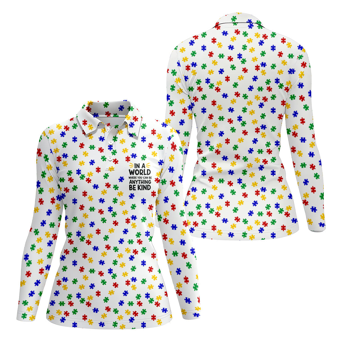 In A World Where You Can Be Anything Be Kind Women's Golf Tops, Autism Awareness Color Ladies Golf Polos