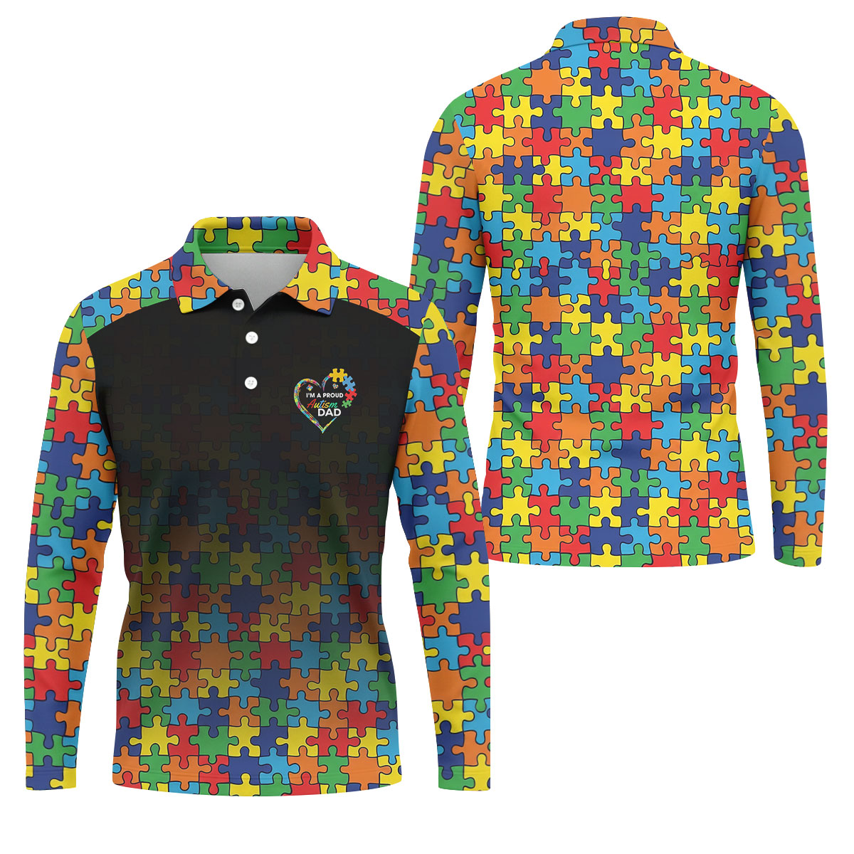 I'm A Proud Autism Dad Autism Awareness Puzzle Pattern Black Fade Golf Shirts For Men, Golf Gifts For Dad