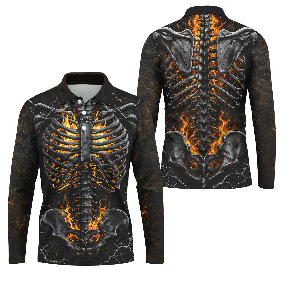 Burning Skeleton Rib Cage Halloween Polo Shirt, Mens Polo Shirts, Golf Apparel For Men
