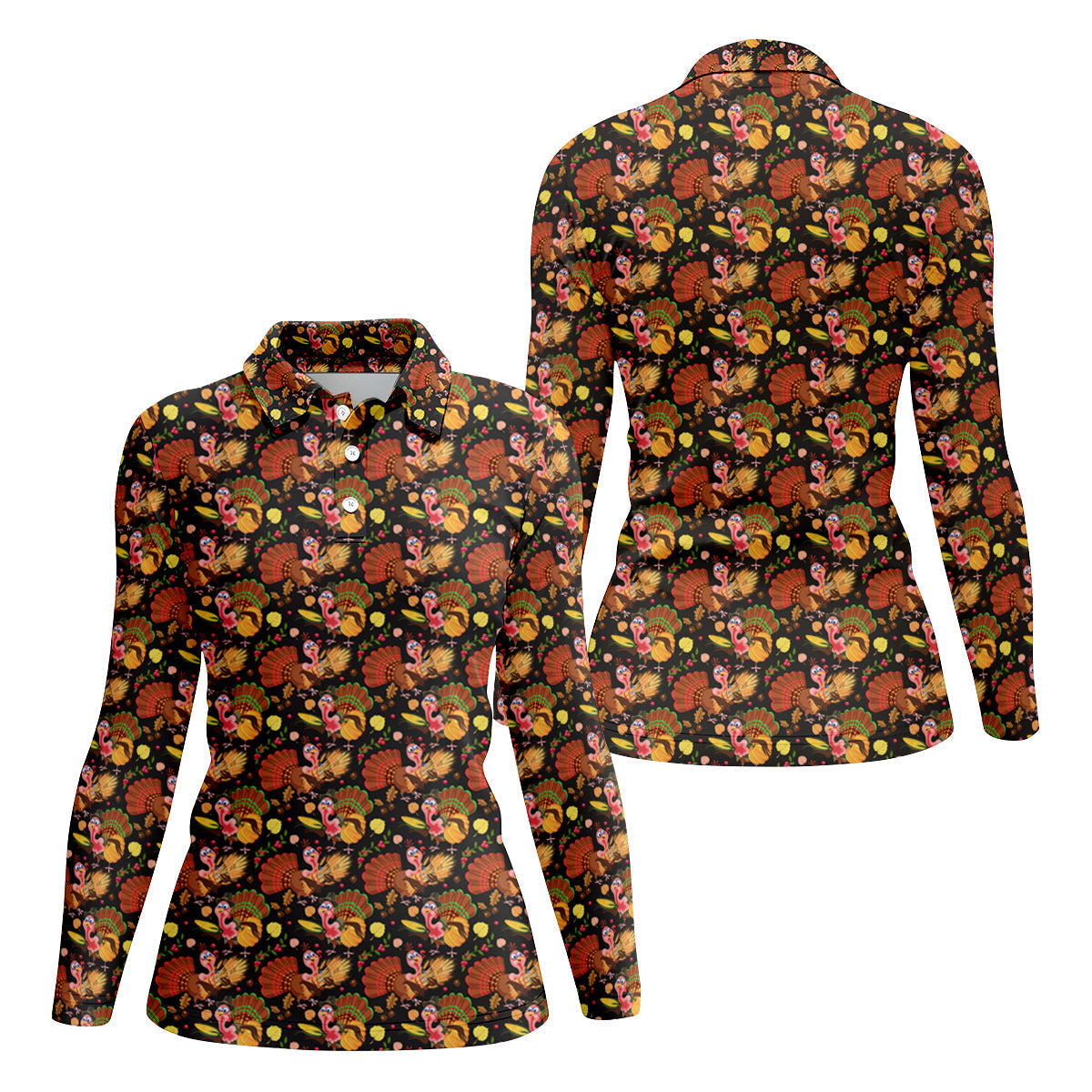 Turkey Pumpkin Thanksgiving Holiday Black And Brown Ladies Golf Tops, Women Golf Top, Golf Gift For Ladies