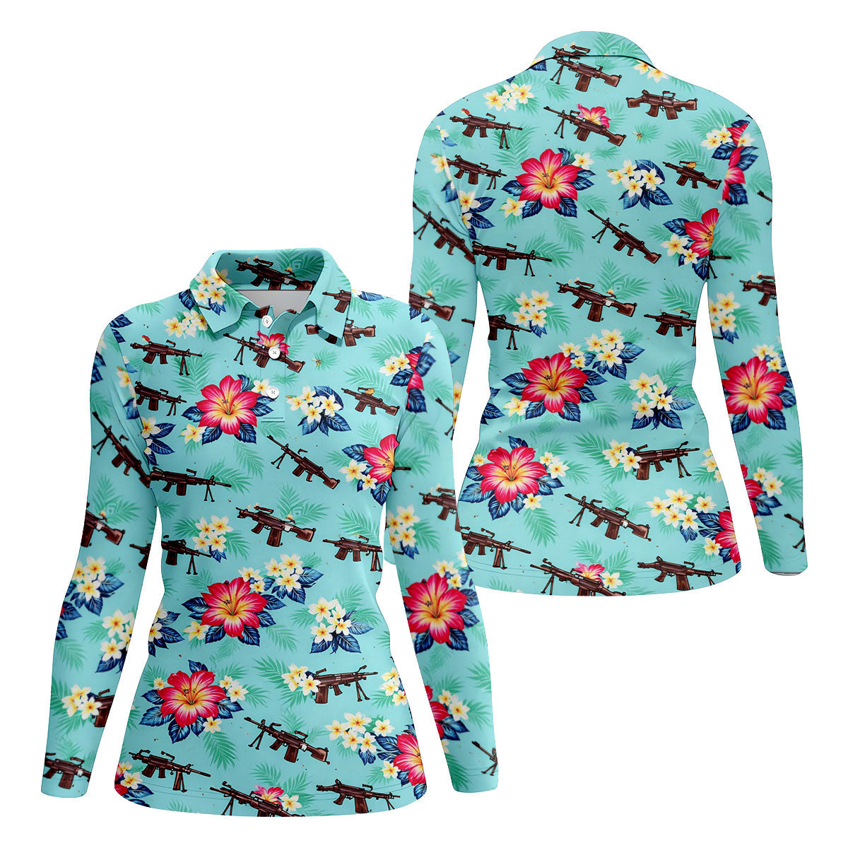 Floral Pattern Army Theme Hawaiian Golf Shirt, Women's Golf Tops, Ladies Golf Shirts