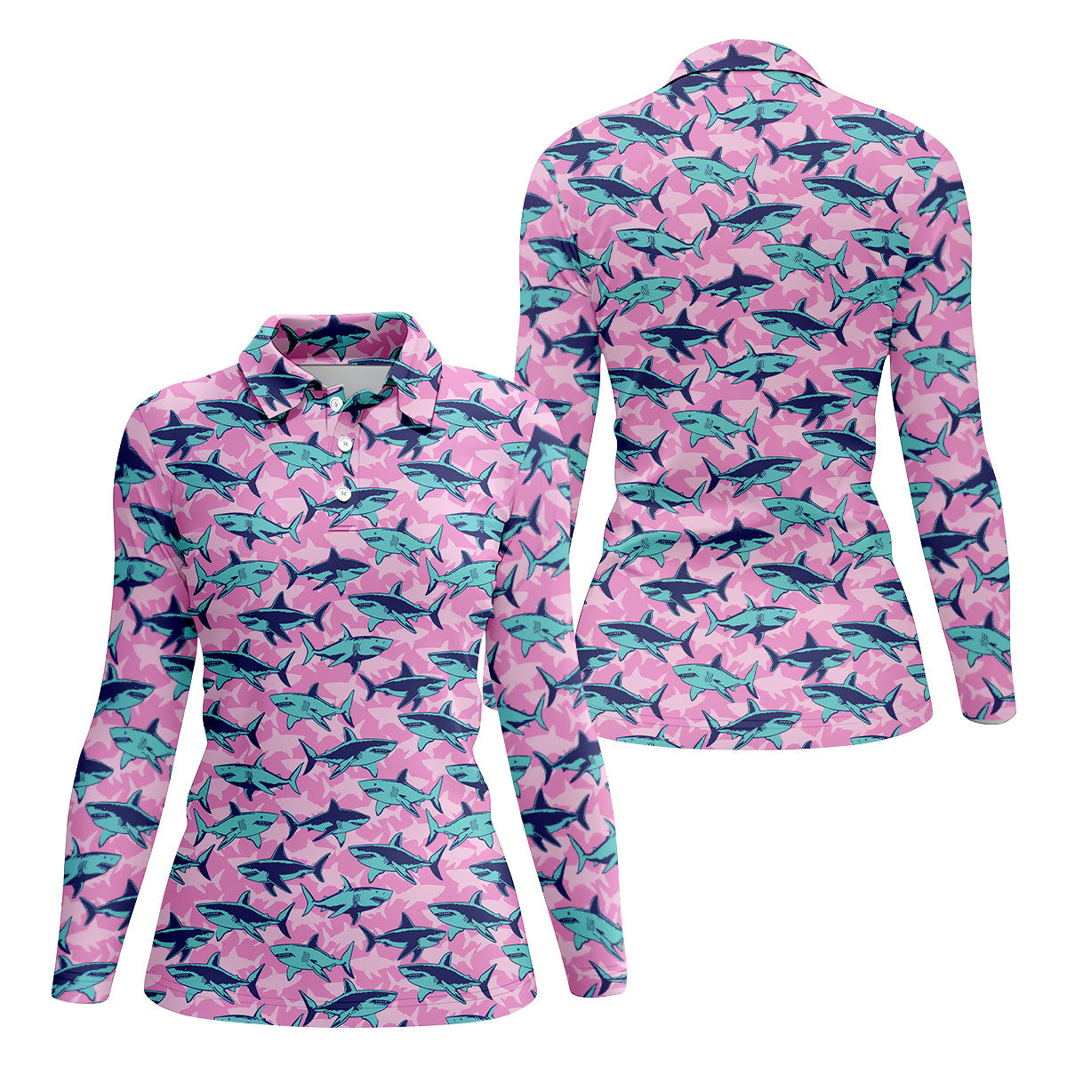 Shark Pattern Hawaiian Golf Shirt, Pink Golf Shirt, Golf Shirt For Women, Golfing Apparel