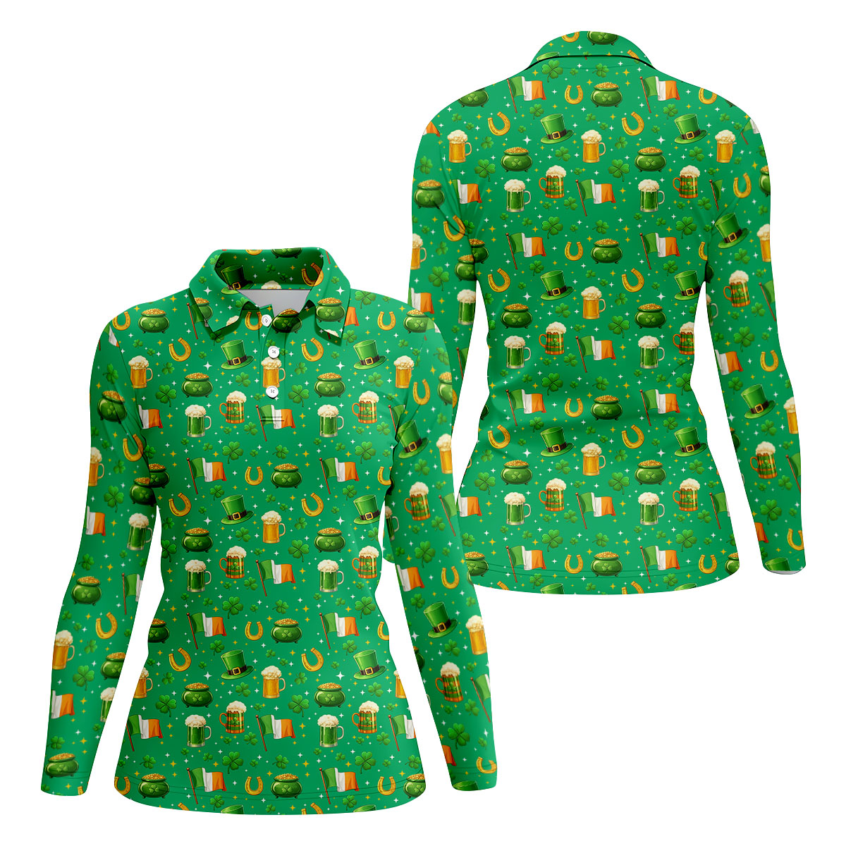St Patrick's Day Pot Of Gold Leprechaun Hats Irish Flag Women's Golf Tops, Ladies Golf Shirts