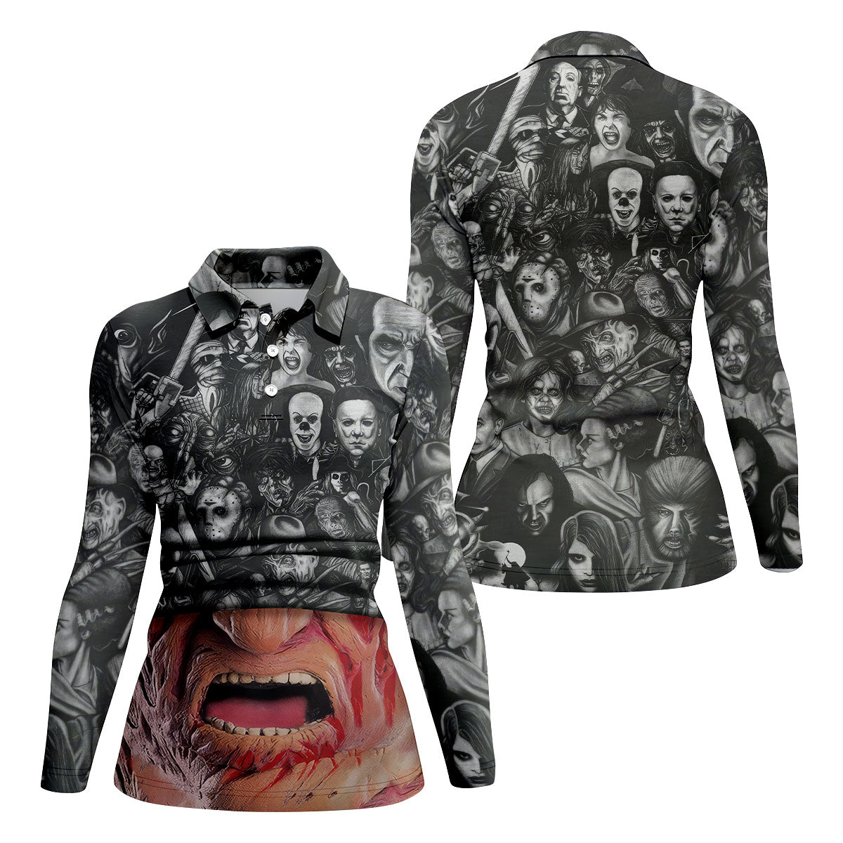 Burned Face Horror Character Halloween Polo Shirt, Womens Golf Tops, Printed Golf Shirt