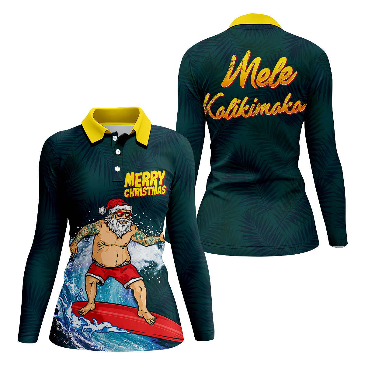 Surfing Santa Mele Kalikimaka Christmas Polo Shirt, Womens Golf Polo, Hawaiian Golf Shirt
