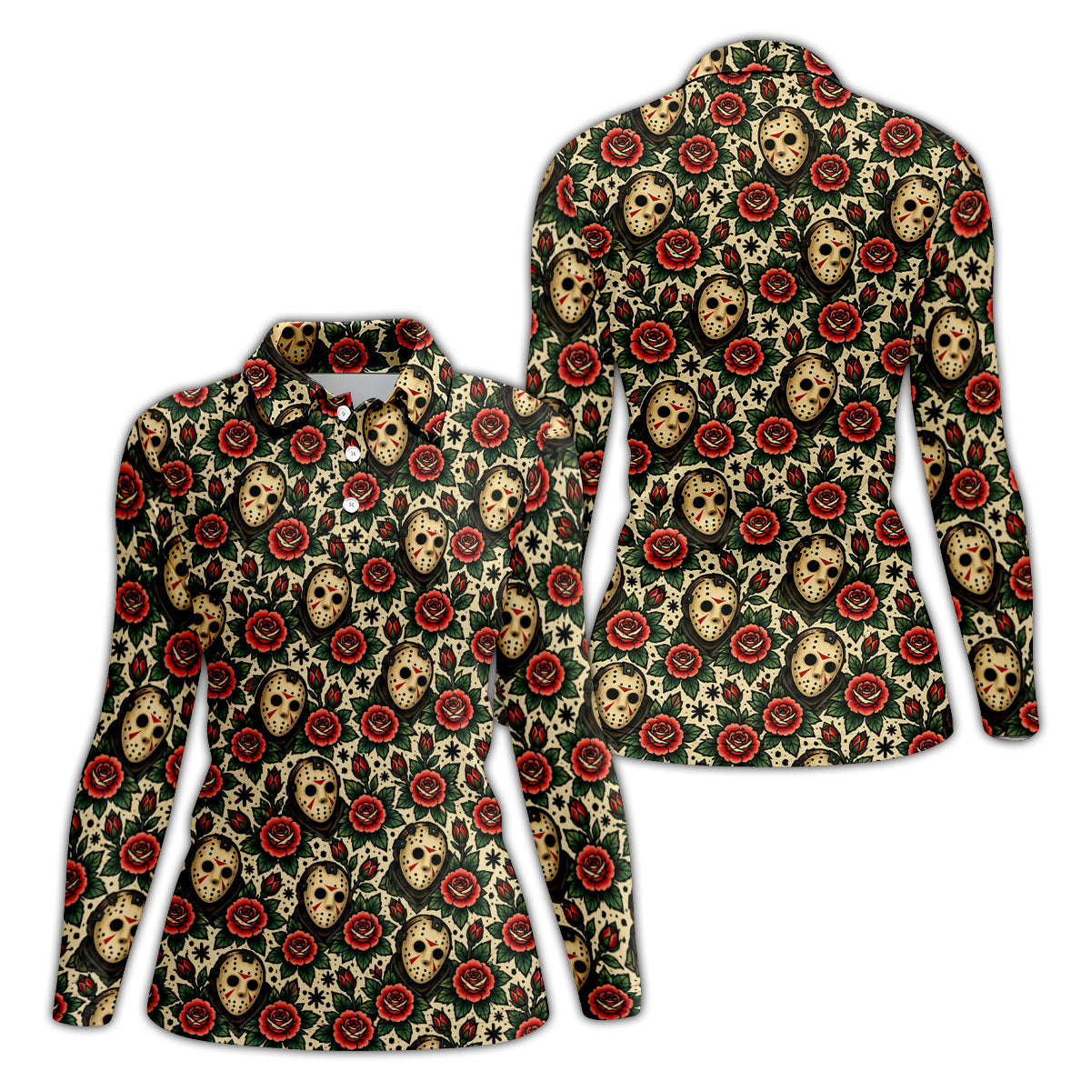 Rose Mask Halloween Horror Character Polo Shirt, Ladies Golf Shirts, Womens Golf Tops