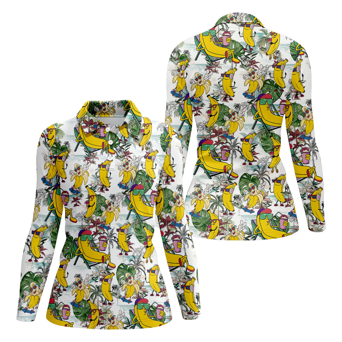 Cartoon Banana Characters on Tropical Island Hawaiian Golf Polo, Golf Tops For Women, Golfing Apparel