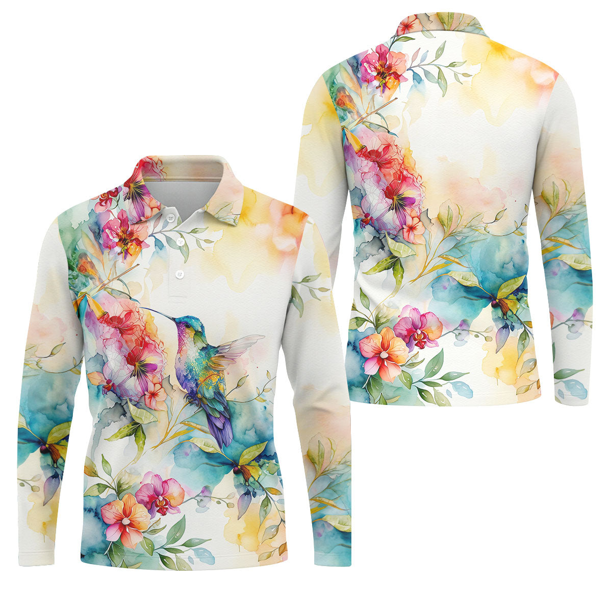 Watercolor Hummingbird Floral Polo Shirt, Men's Golf Shirt, Golf Apparel For Men