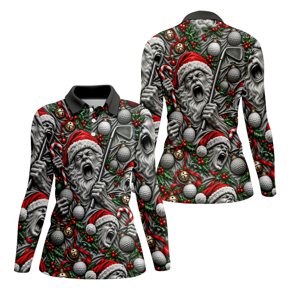 Screaming Santa Faces Christmas Golf Shirt, Ladies Golf Shirts, Golf Tops For Women