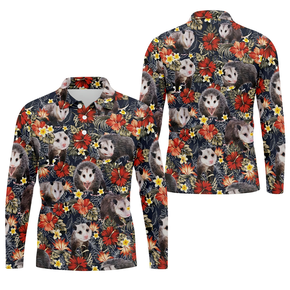 Cute Possums Hibiscus Flowers Golf Polo, Island Foliage Hawaiian Golf Shirt, Golf Tops For Men, Golfing Apparel