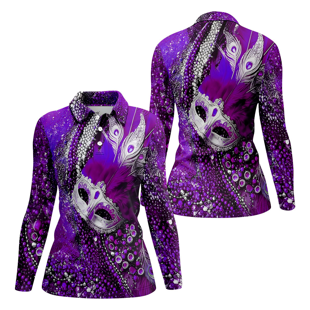 Mardi Gras Masquerade Mask Feather Beads Purple Golf Shirt, Women's Golf Tops, Ladies Golf Polos