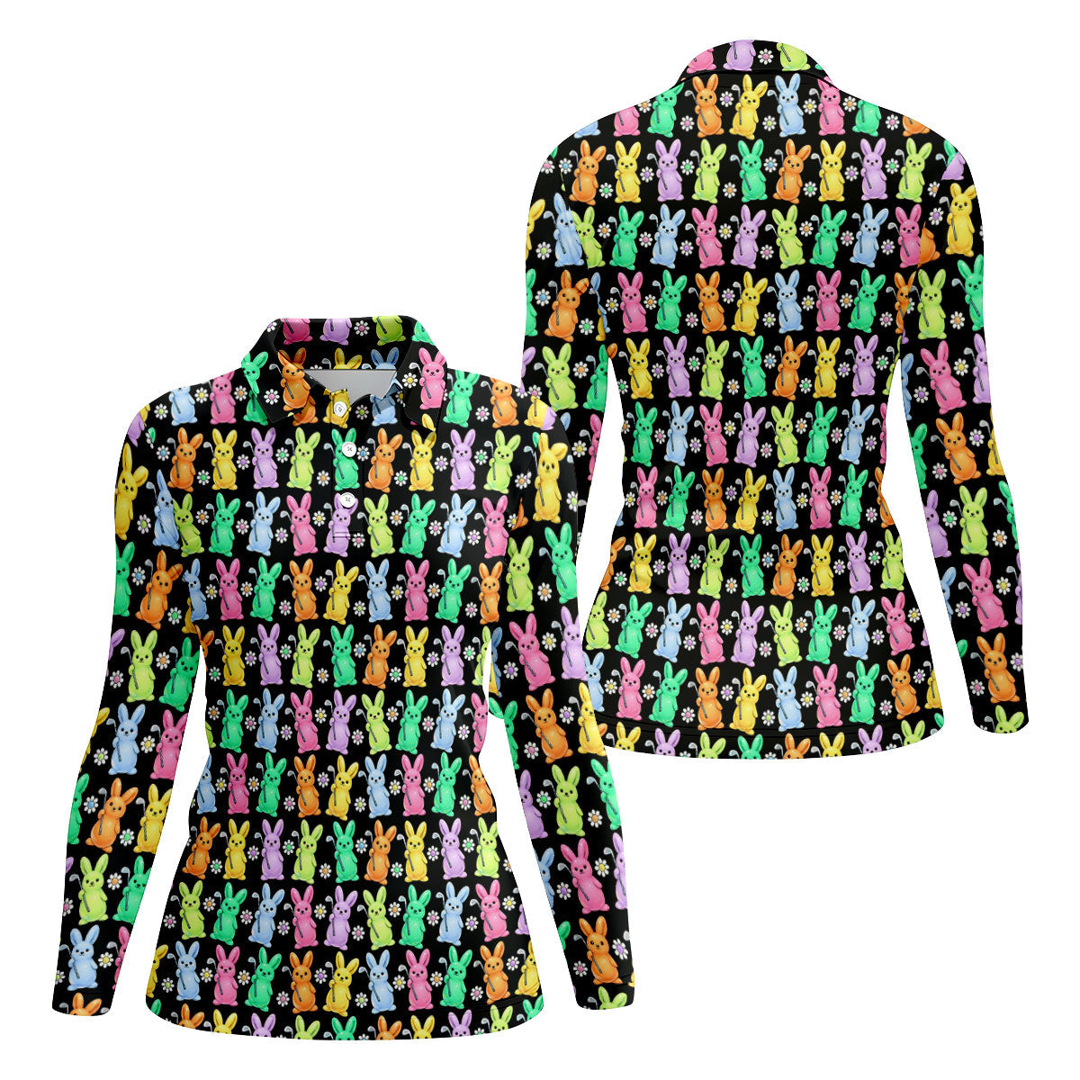 Colorful Easter Bunny Black Golf Shirt, Cute Golf Outfit, Women's Golf Tops, Ladies Golf Shirts