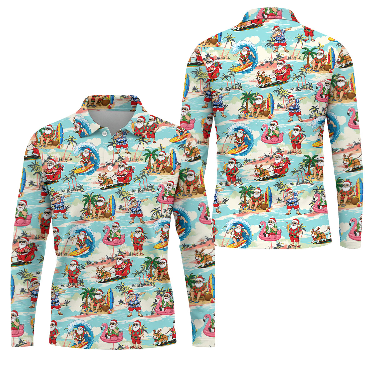 Funny Tropical Santa Beach Christmas Polo Shirt, Mens Golf Polo, Hawaiian Golf Shirt