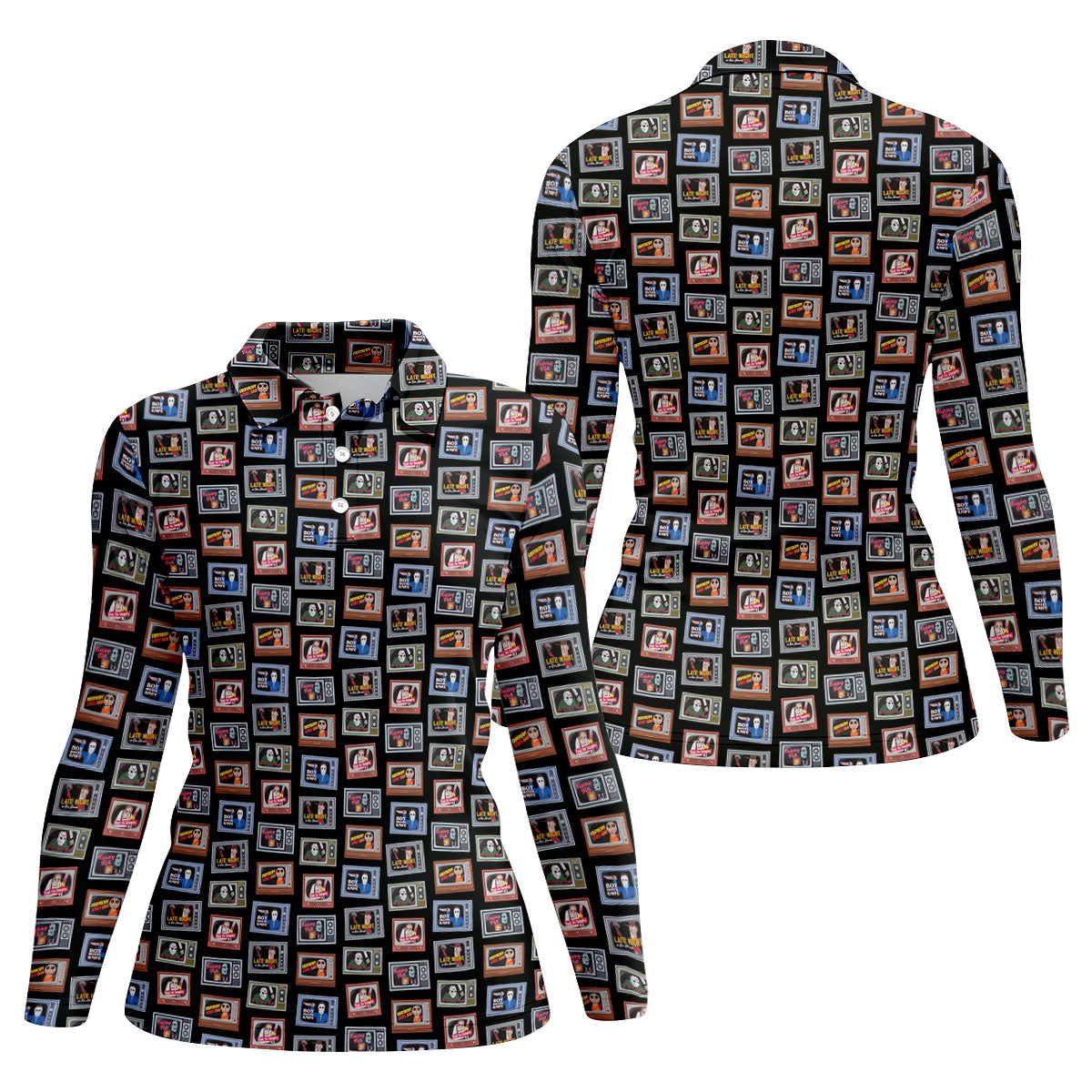 Horror Characters On Vintage TVs Halloween Polo Shirt, Women’s Golf Polo, Ladies Golf Top