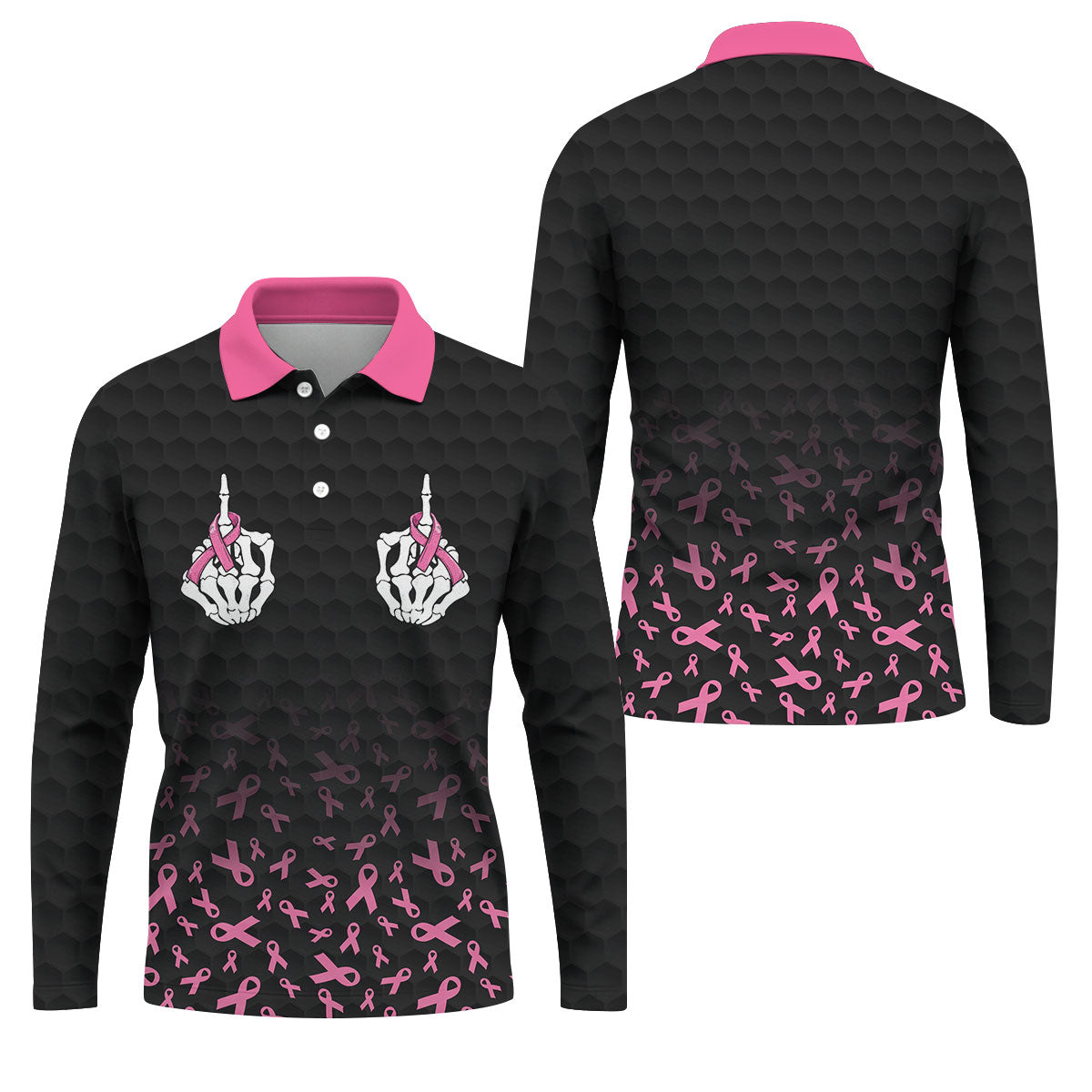 Two Skeleton Middle Fingers Breast Cancer Polo Shirt, Mens Polo Shirts, Mens Golf Apparel