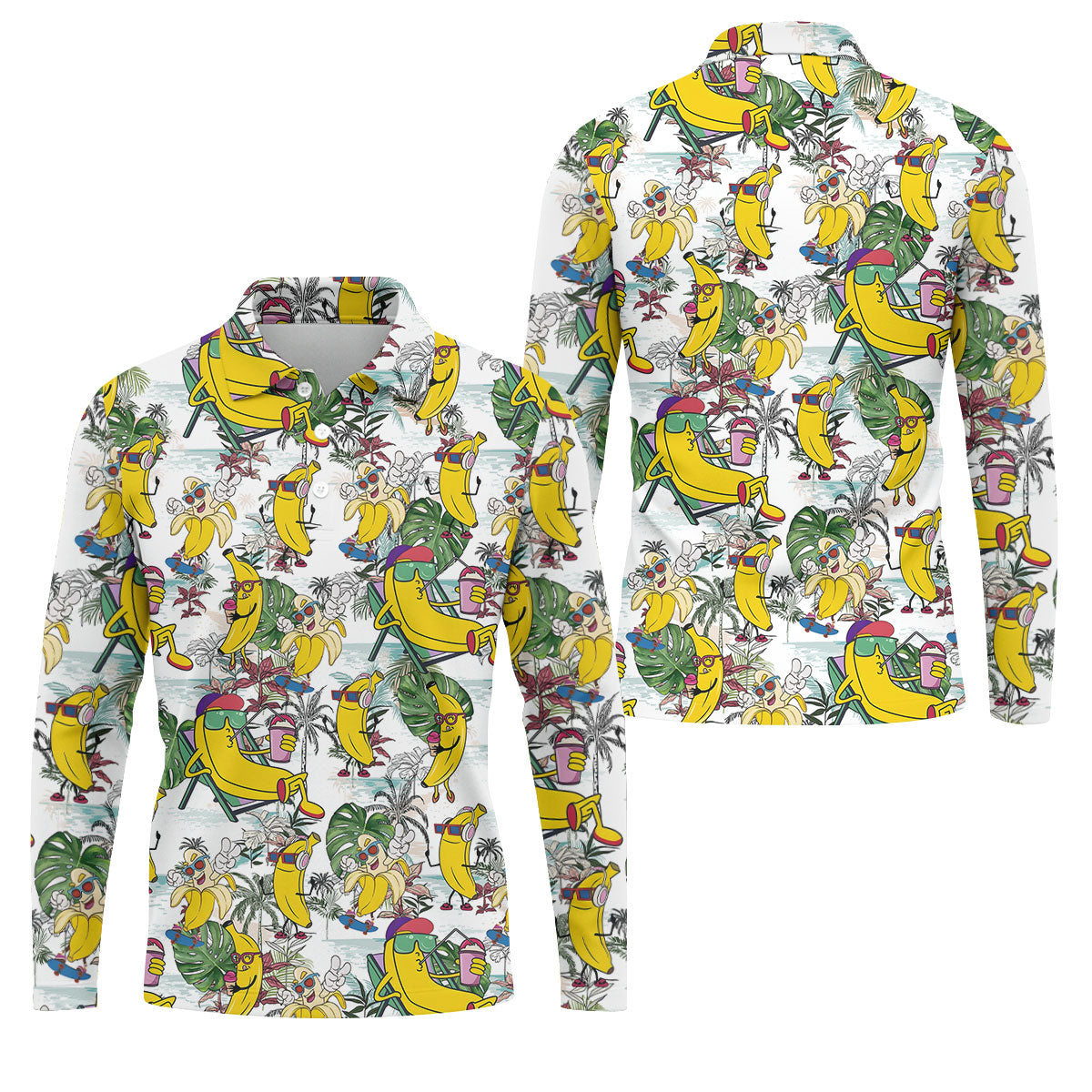Cartoon Banana Characters On Tropical Island Hawaiian Golf Polo, Golf Tops For Men, Golfing Apparel