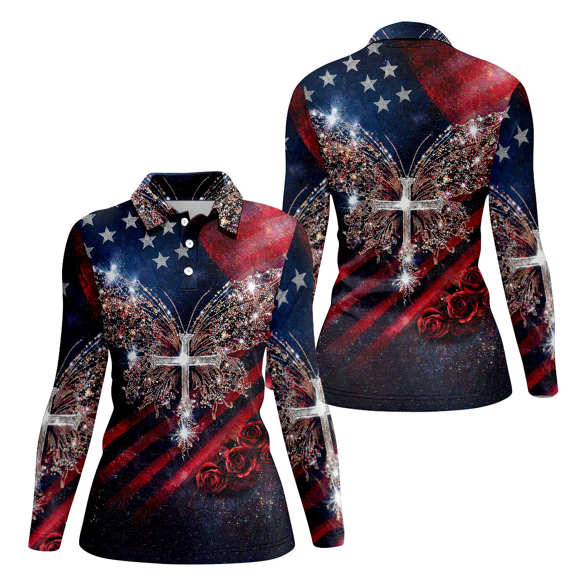 Faith Cross Shimmering Butterfly 250th Anniversary Ladies Golf Tops, Patriotic 4th Of July Golf Shirt For Women