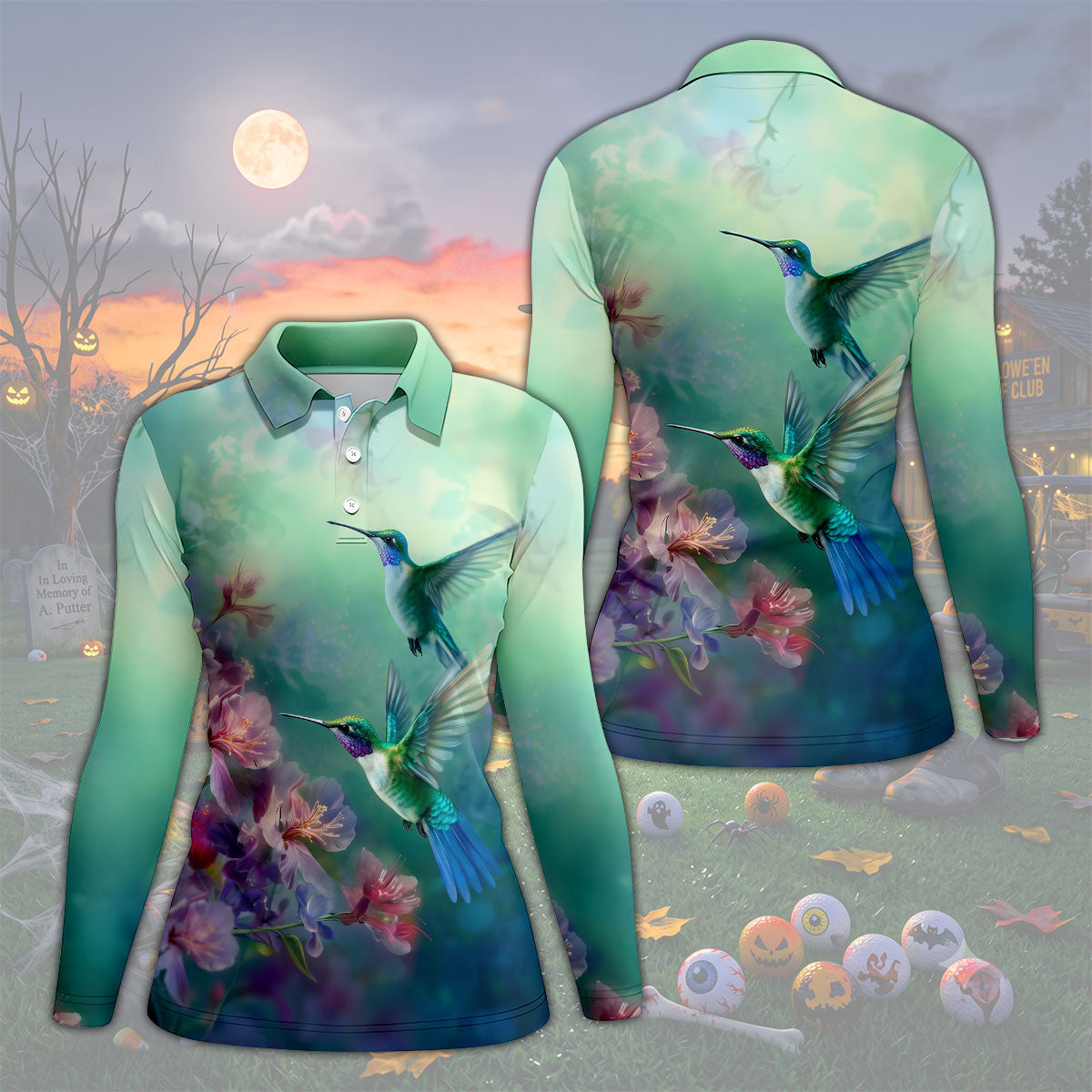 Hummingbird And Floral Garden Polo Shirt, Womens Golf Tops, Golf Shirts For Women