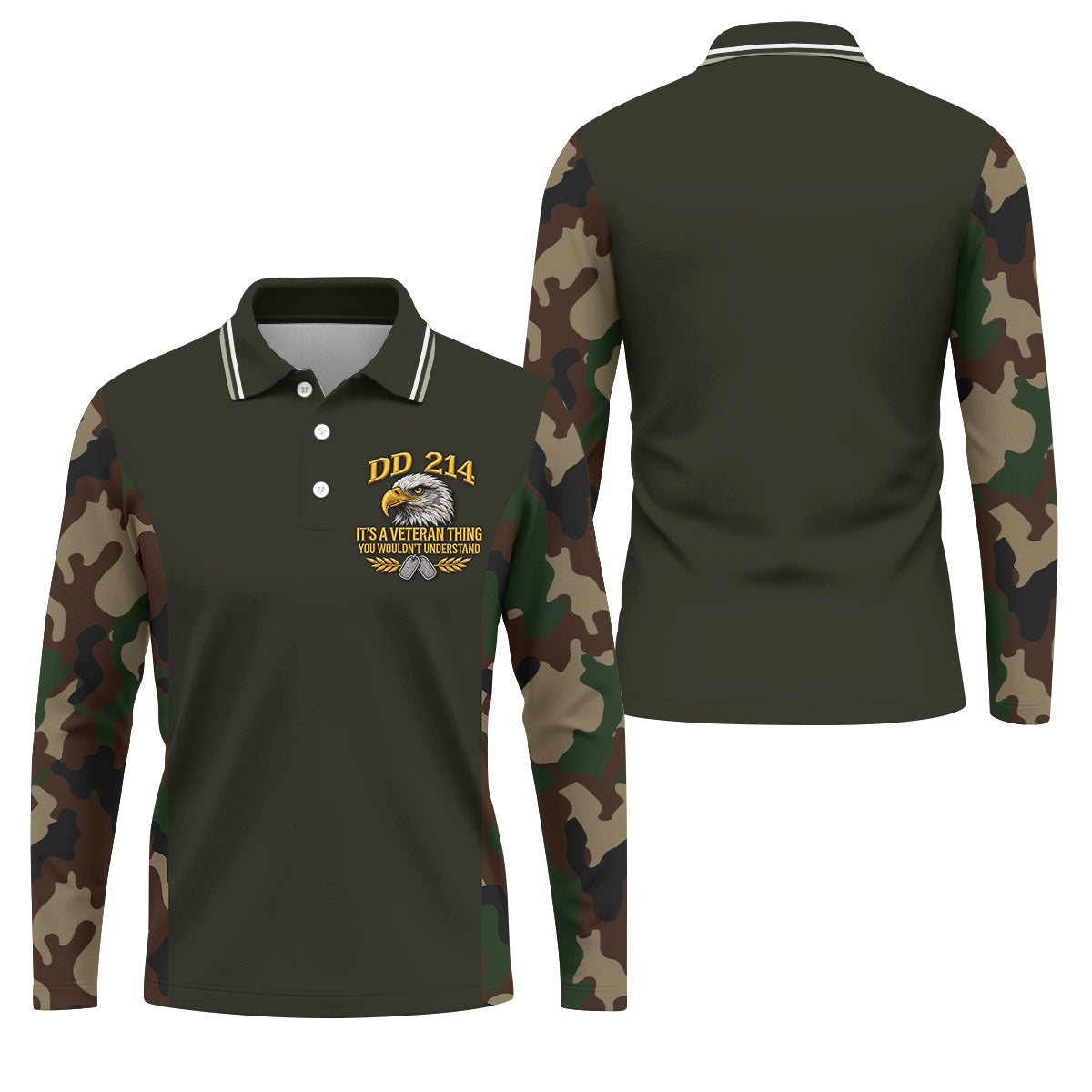 DD-214 Eagle Olive Green Camo Polo Shirt, Veterans Day Golf Shirt, Mens Golf Apparel