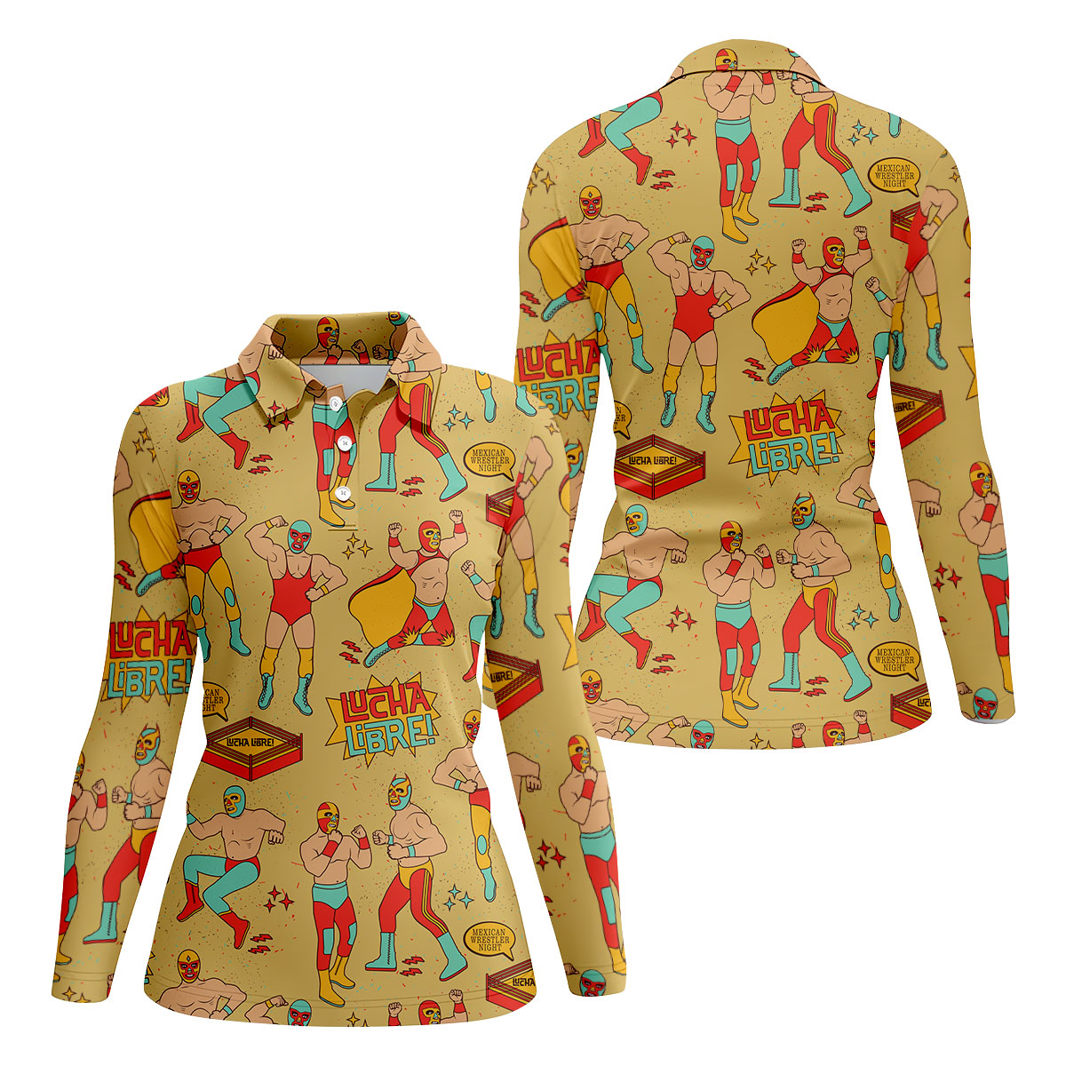 Yellow Lucha Libre Mexican Wrestler Pattern Golf Shirt, Hawaiian Golf Shirt, Ladies Golf Tops