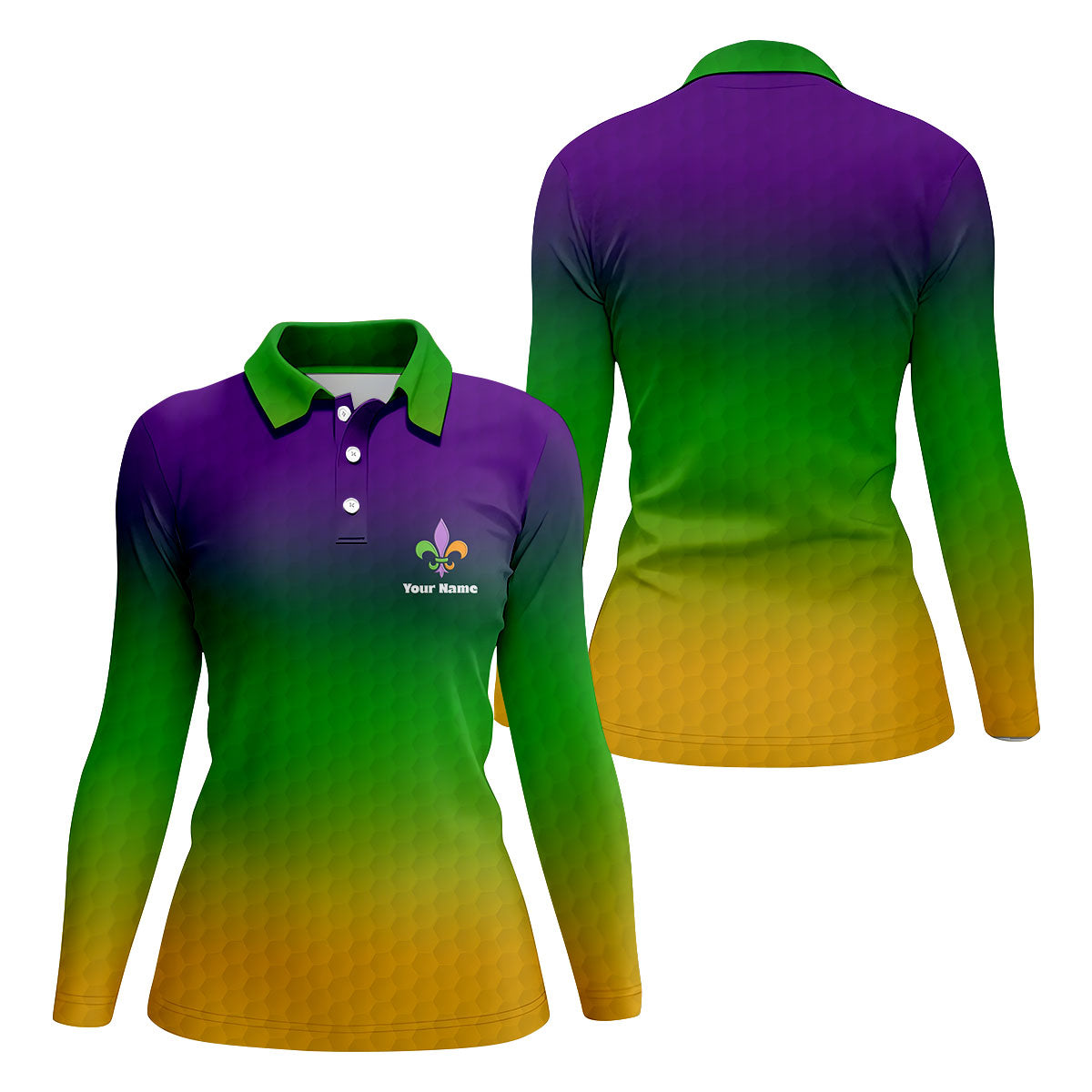Mardi Gras Purple Gold Green Blended Color Golf Ball Pattern Women's Golf Tops, Women's Golf Shirts, Ladies Golf Polos