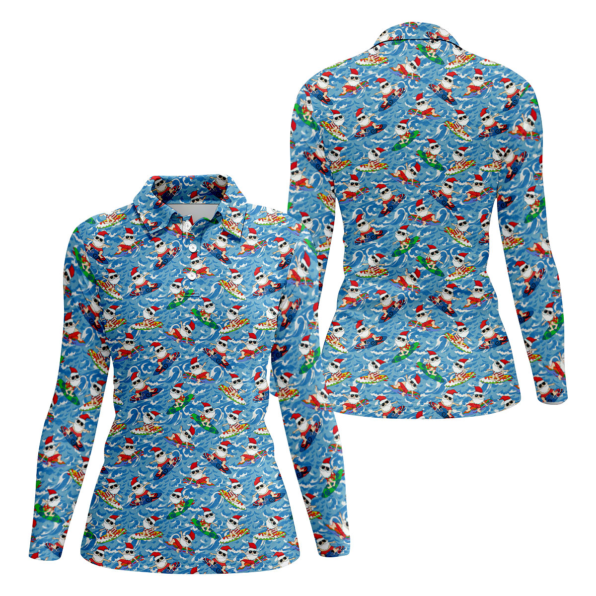 Surfing Santa Christmas Ocean Pattern Polo Shirt, Womens Golf Polo, Christmas Golf Shirt