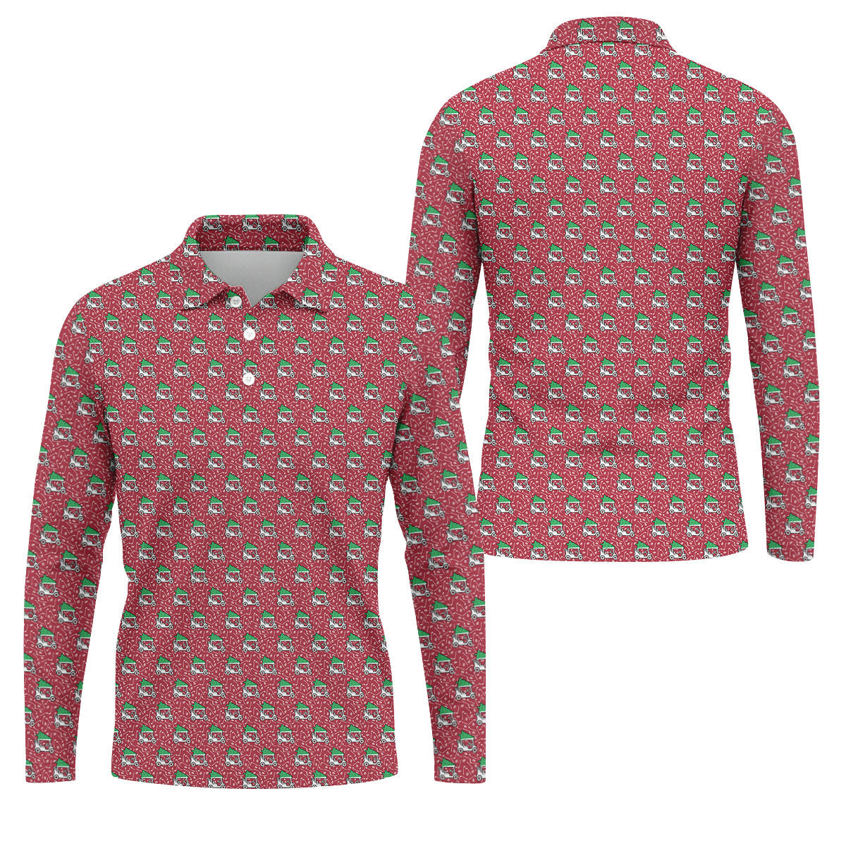 Christmas Golf Cart Pattern Red Men's Golf Tops, Christmas Golf Shirt, Polo Shirts For Men