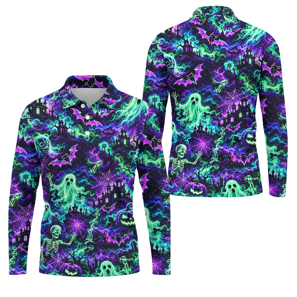 Neon Ghost Skeleton Halloween Horror Character Polo Shirt, Golf Shirt, Mens Golf Polo