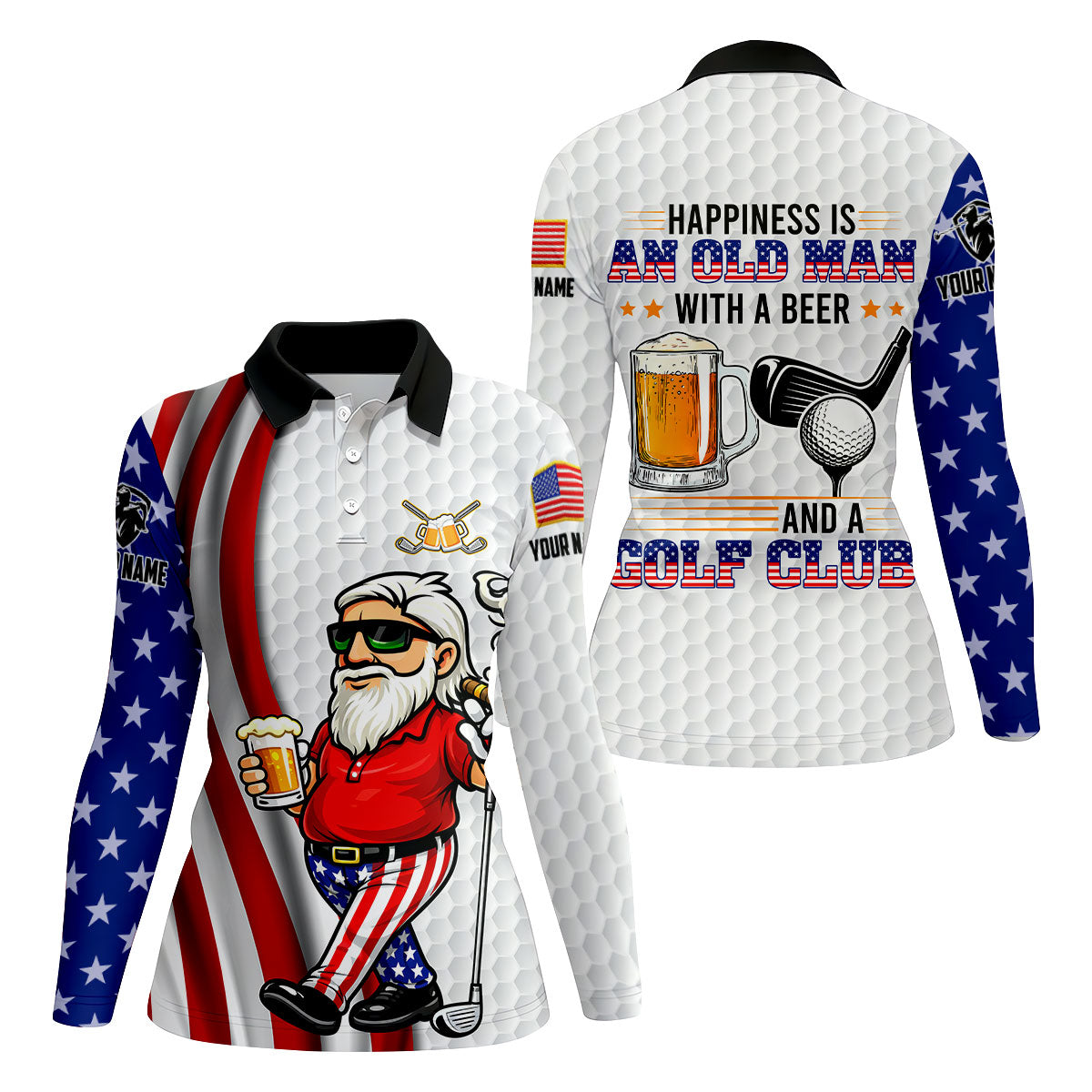 Happiness Is An Old Man With A Beer Funny 4th Of July White Golf Shirt, 250th Anniversary Women's Golf Tops
