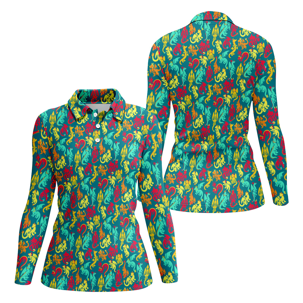 Cartoon Dragons Colorful Golf Shirt, Cute Golf Outfit, Women's Polo Shirt, Ladies Golf Shirts
