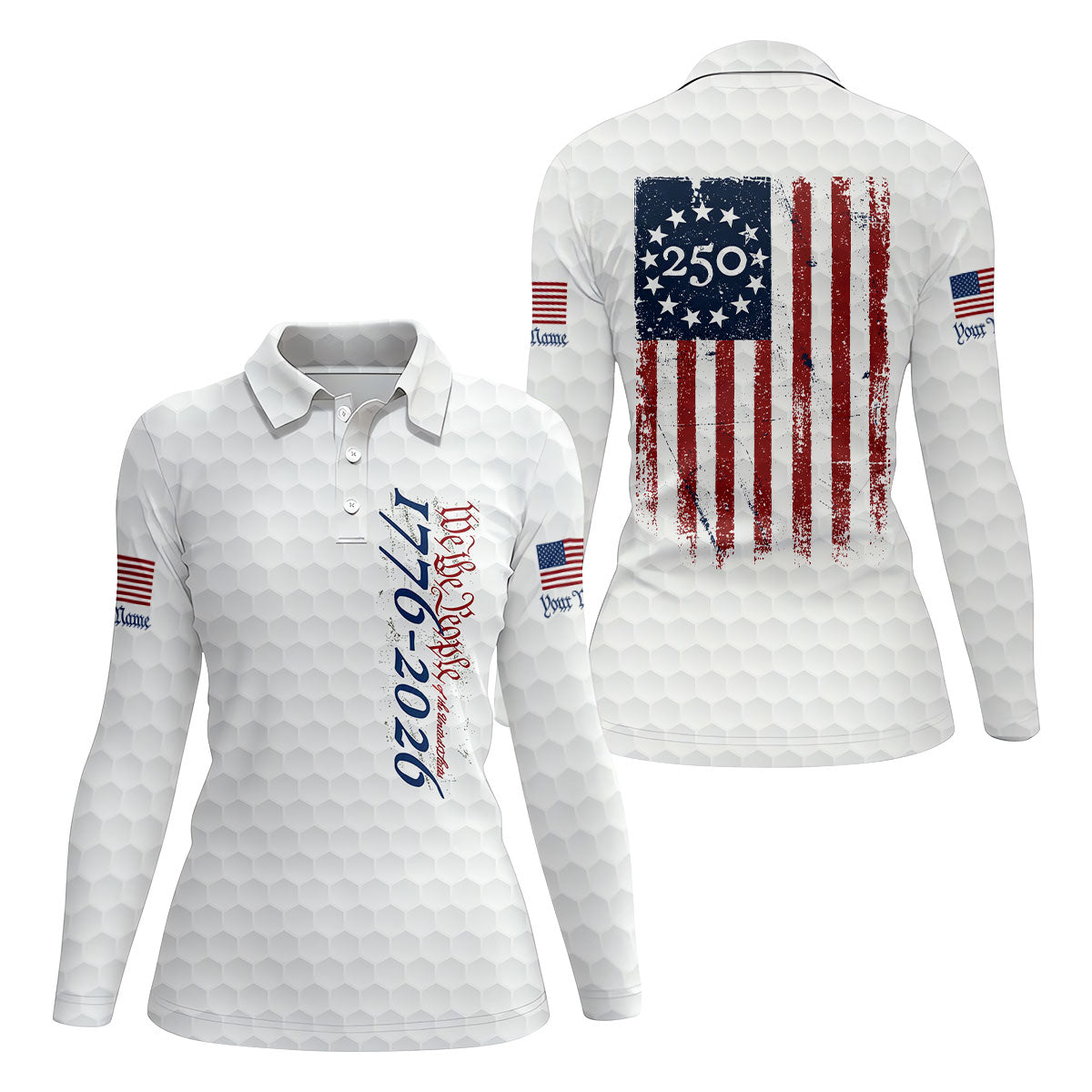 We The People Distressed American Flag White Golf Shirt, 250 Years Patriotic 4th Of July Golf Shirt For Women