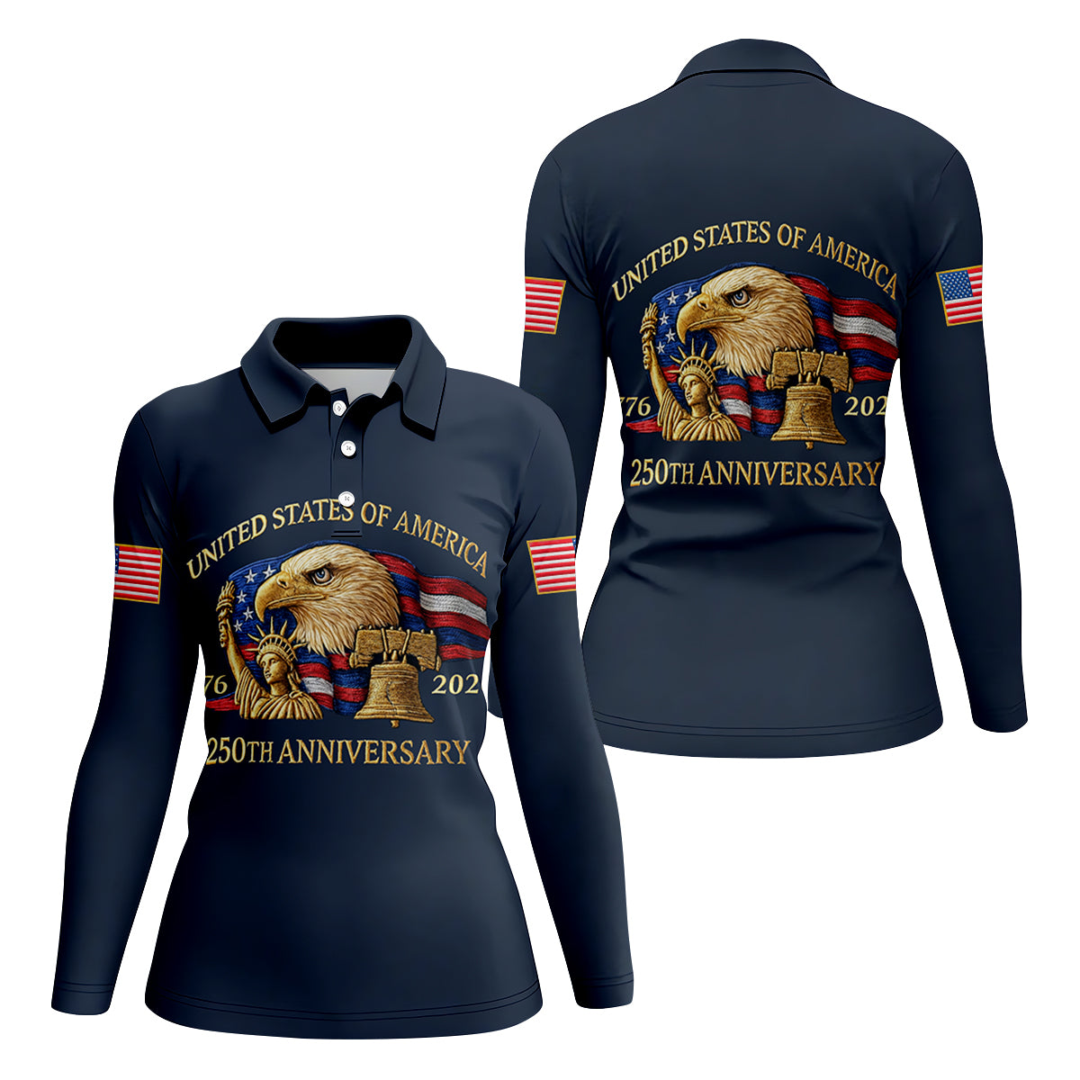 US America 250th Anniversary Patriot Eagle Embroidery Effect Women's Golf Tops, Patriotic Golf Shirt