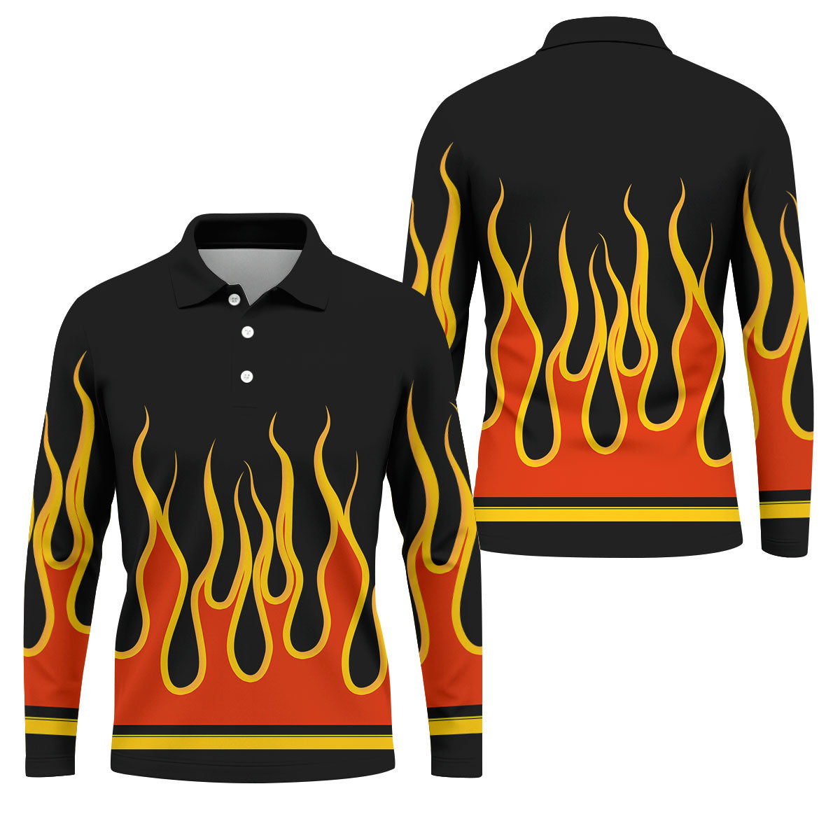 Black Orange Yellow Flame Sleeve Golf Shirt, Mens Golf Polo, Printed Golf Shirts